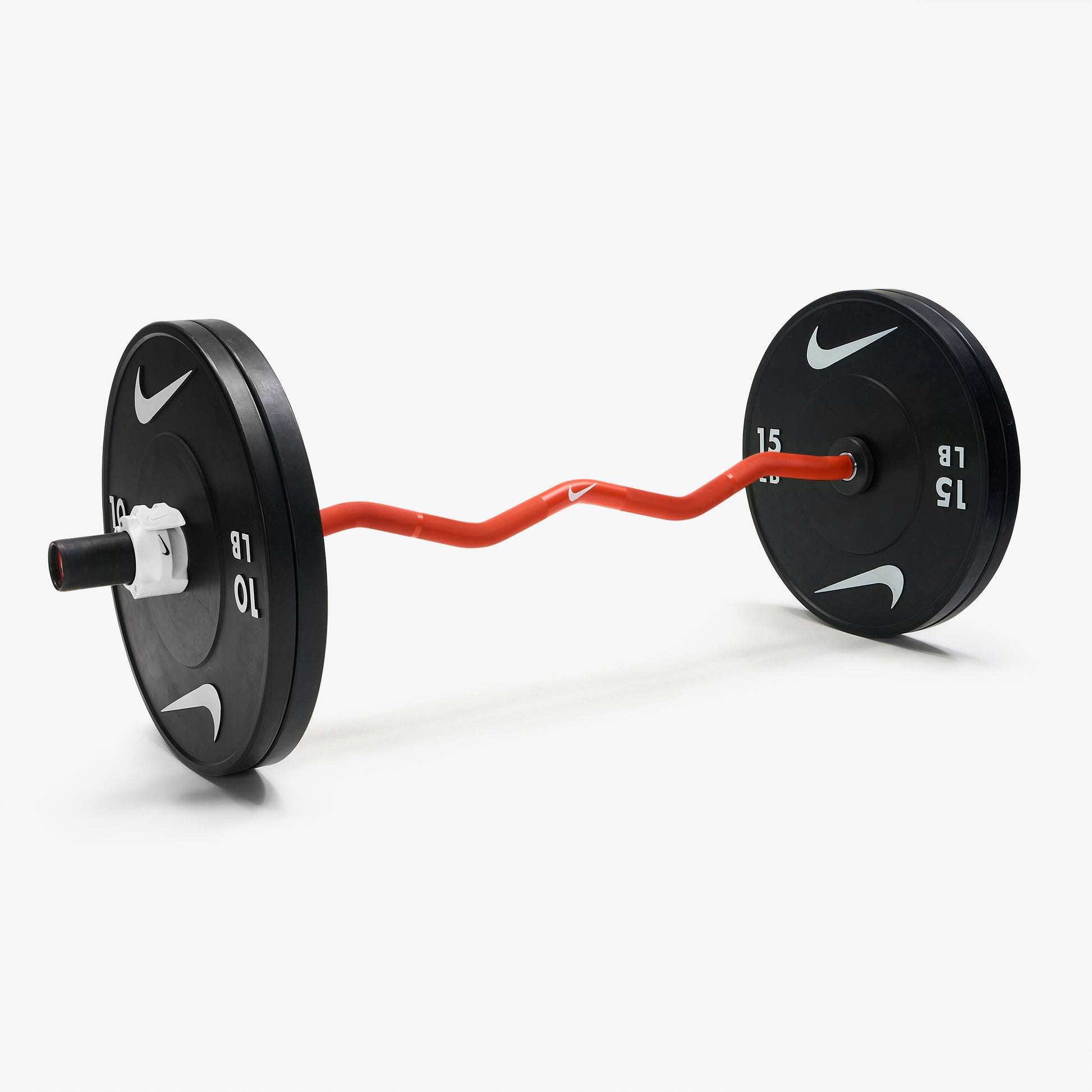 Nike Strength Shield Curl Bar - Orange Swoosh / Nike Black Bumper Plates (10 and 15 lb pairs) / White/Black