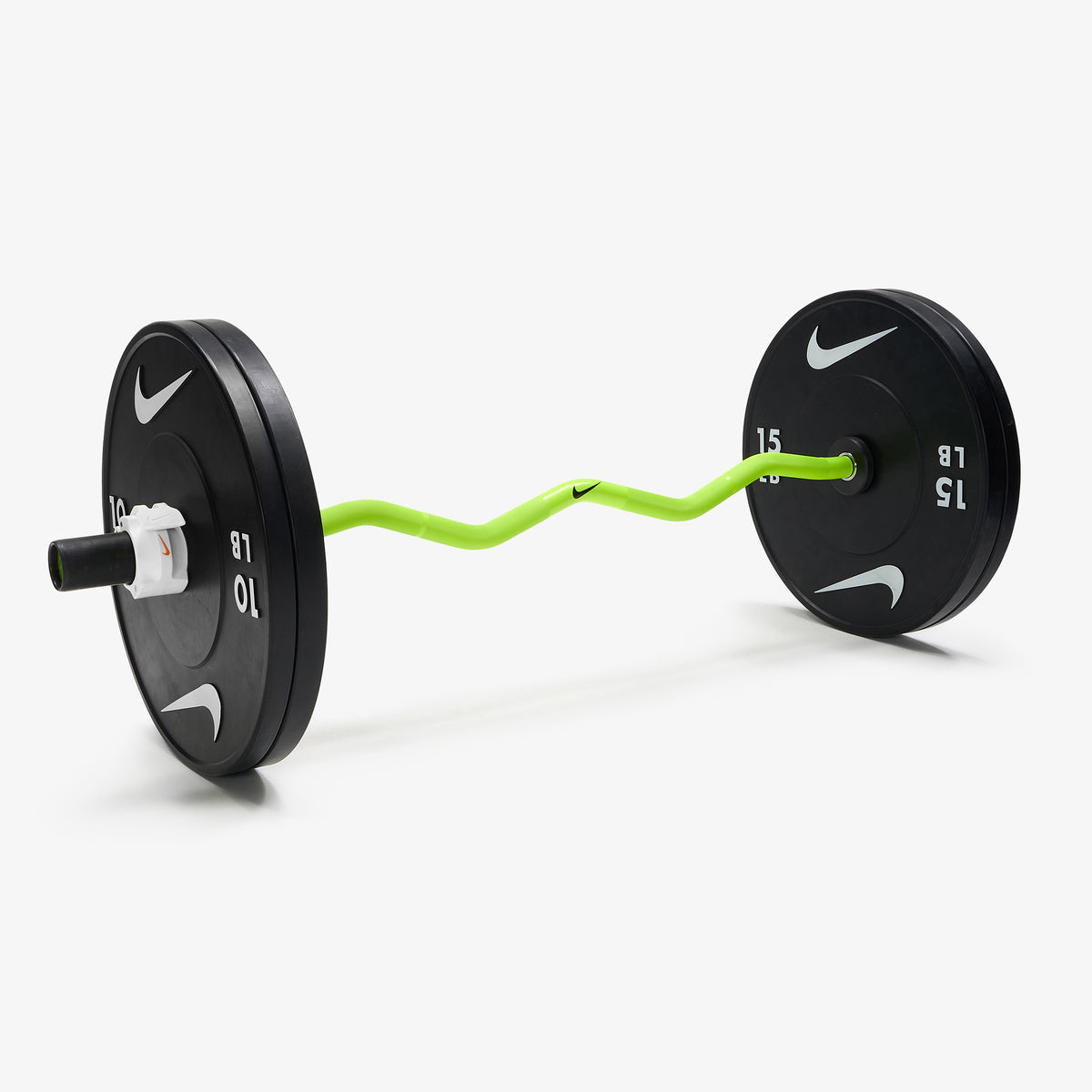 Nike Strength Shield Curl Bar - Volt Swoosh / Nike Black Bumper Plates (10 and 15 lb pairs) / White/Orange