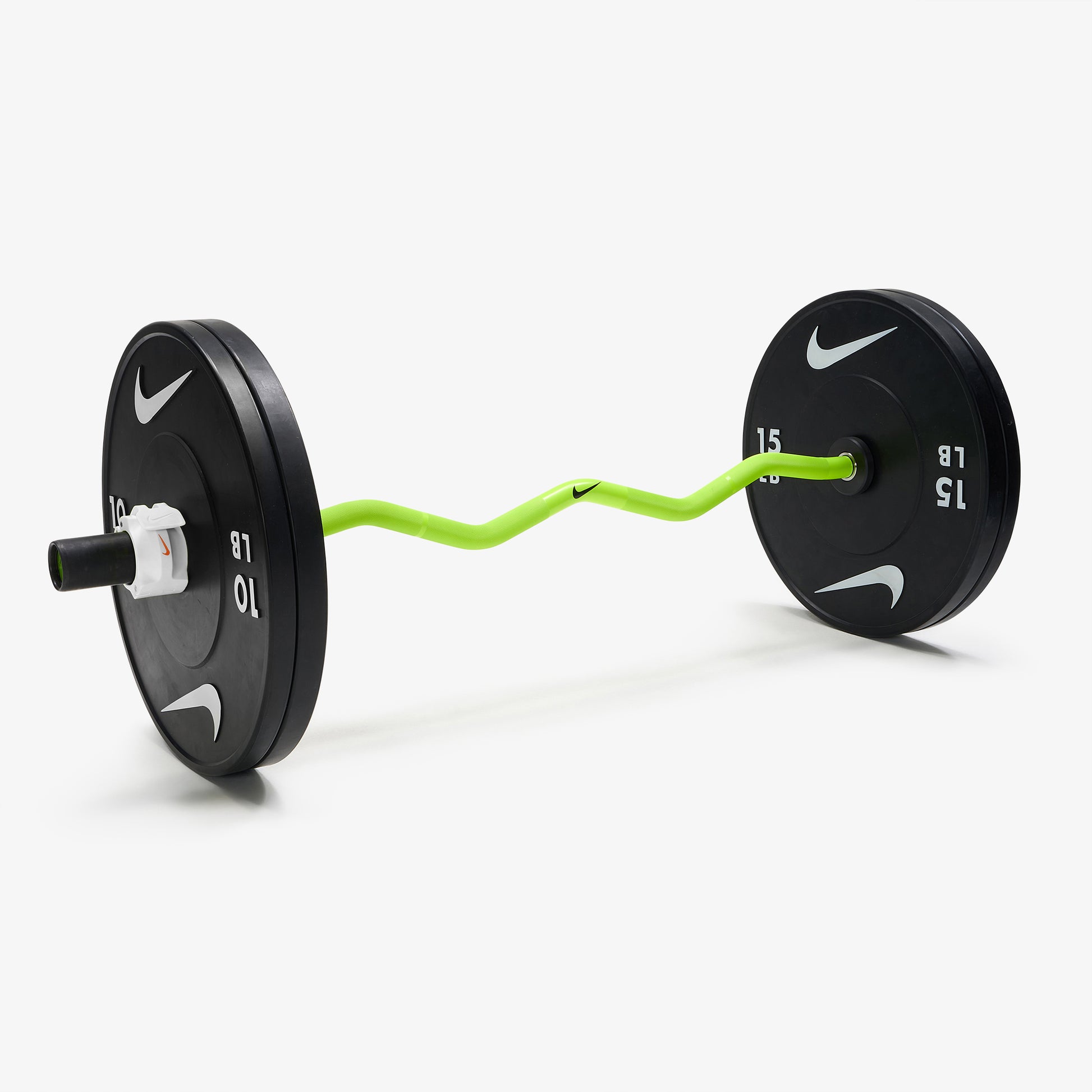 Nike Strength Shield Curl Bar - Volt Swoosh / Nike Black Bumper Plates (10 and 15 lb pairs) / White/Orange