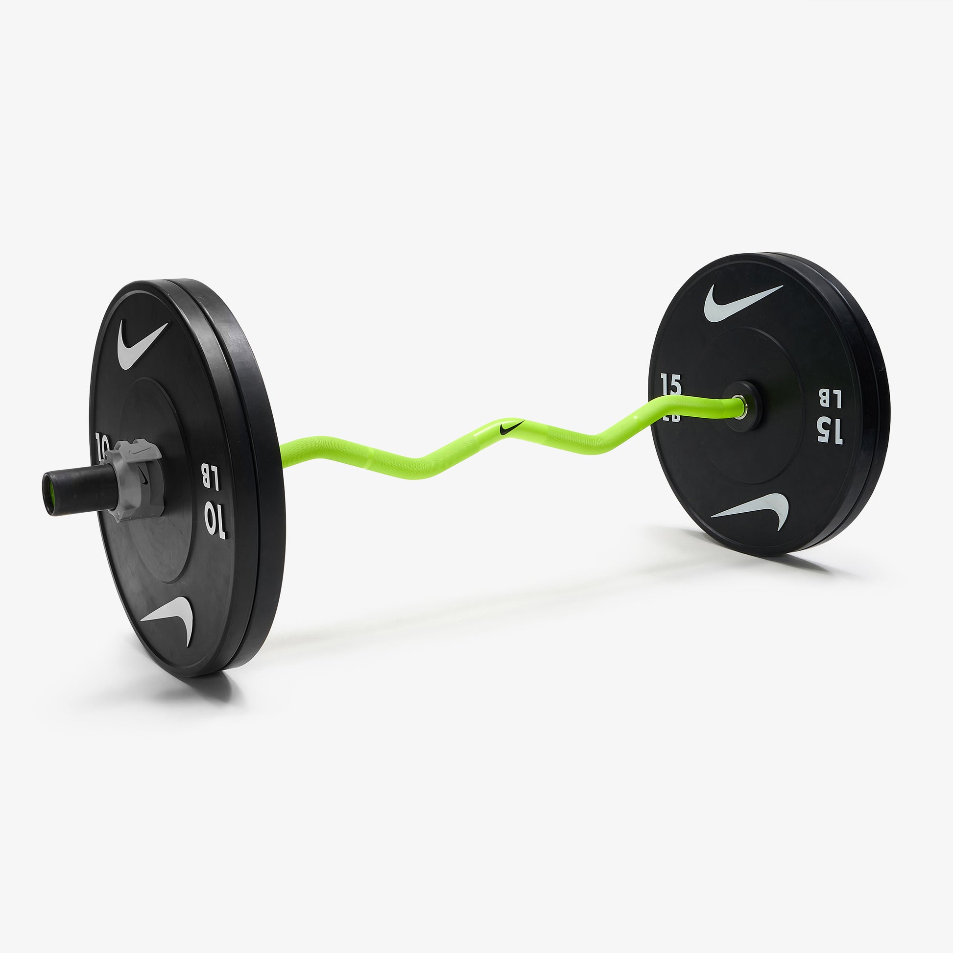 Nike Strength Shield Curl Bar - Volt Swoosh / Nike Black Bumper Plates (10 and 15 lb pairs) / Grey/Black