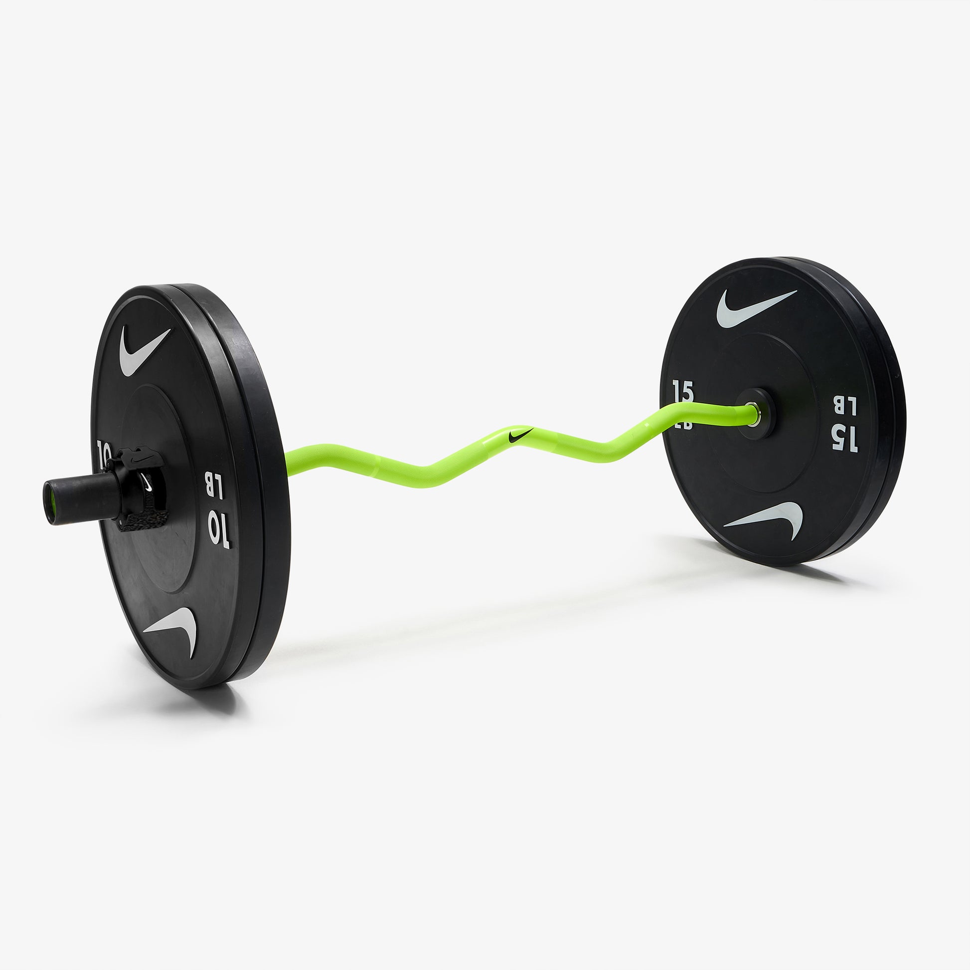 Nike Strength Shield Curl Bar - Volt Swoosh / Nike Black Bumper Plates (10 and 15 lb pairs) / Black/White