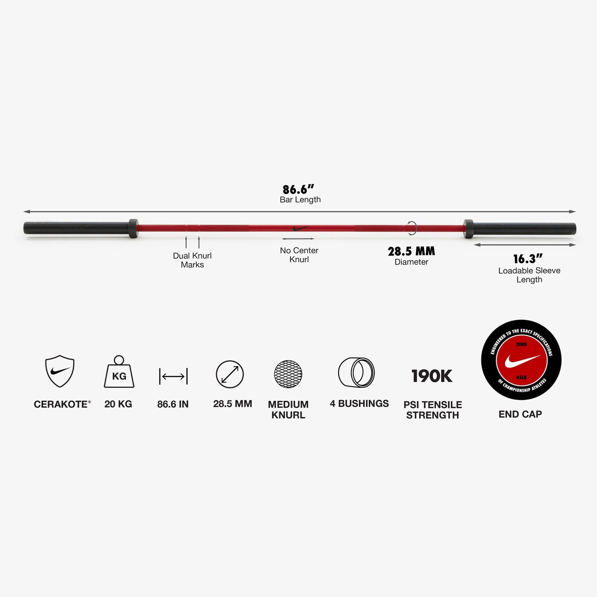 20 kg Nike Strength Shield - Red Swoosh / Nike Black Bumper Plates / White/Orange | 20 kg Nike Strength Shield - Red Swoosh / Nike Grind Bumper Plates / White/Orange