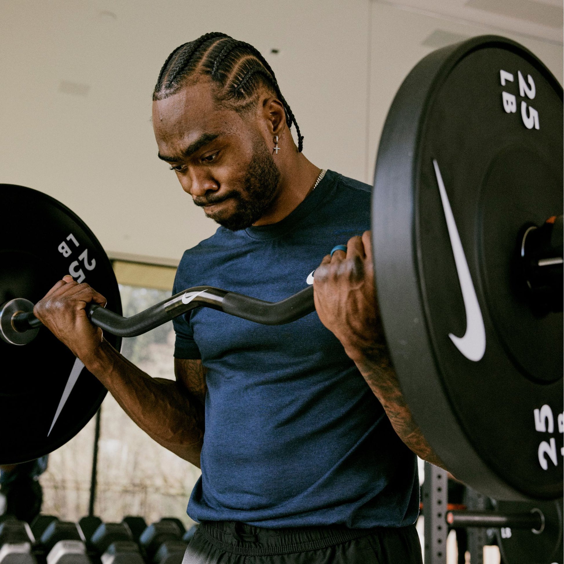 Nike Curl Bar - Black / Nike Black Bumper Plates (10 and 15 lb pairs) / Black/Orange