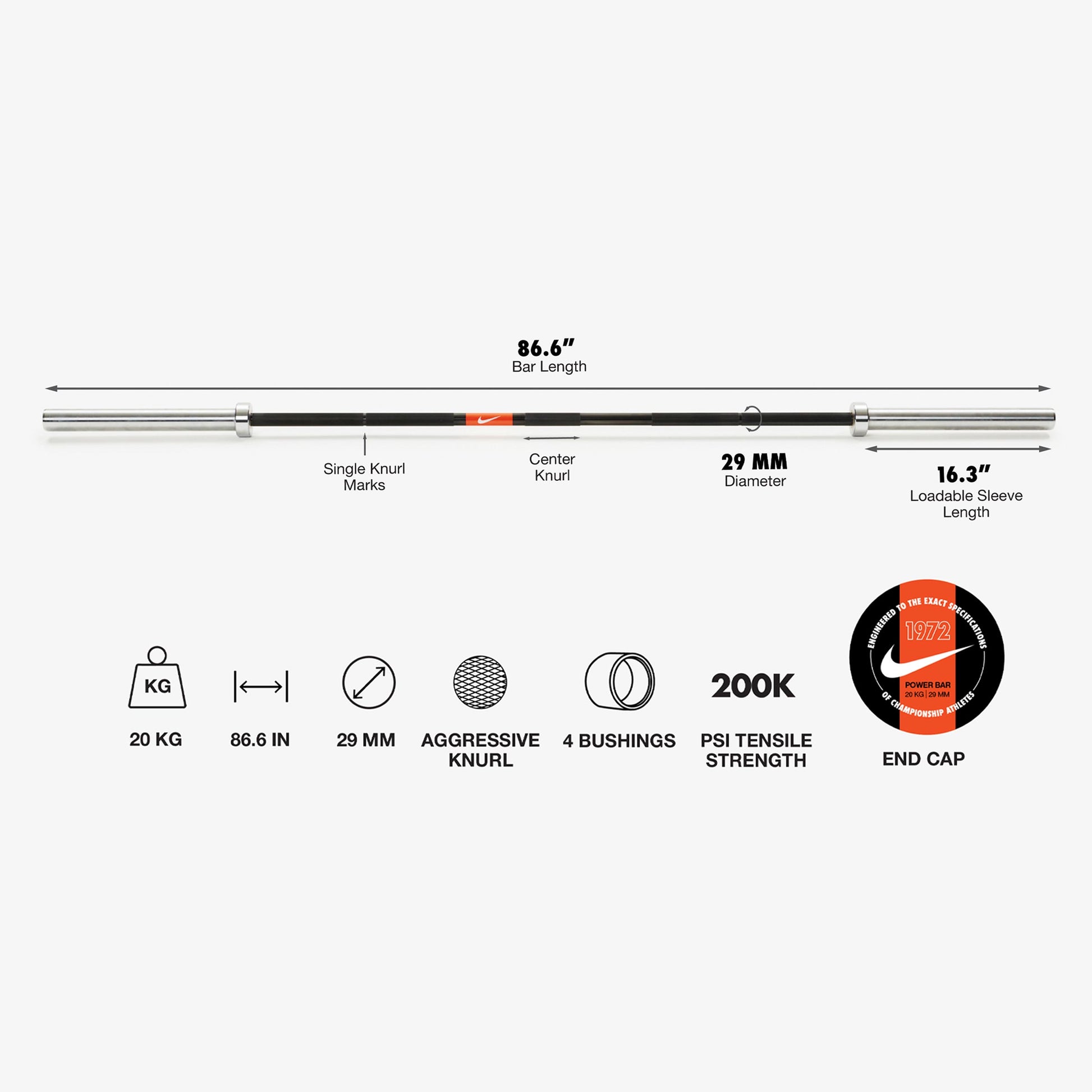 20 kg Nike 1972 Power Bar / Nike Grind Bumper Plates / White/Orange | 20 kg Nike 1972 Power Bar / Nike Grind Bumper Plates / Black/Orange | 20 kg Nike 1972 Power Bar / Nike Black Bumper Plates / White/Orange | 20 kg Nike 1972 Power Bar / Nike Black Bumper Plates / Black/Orange