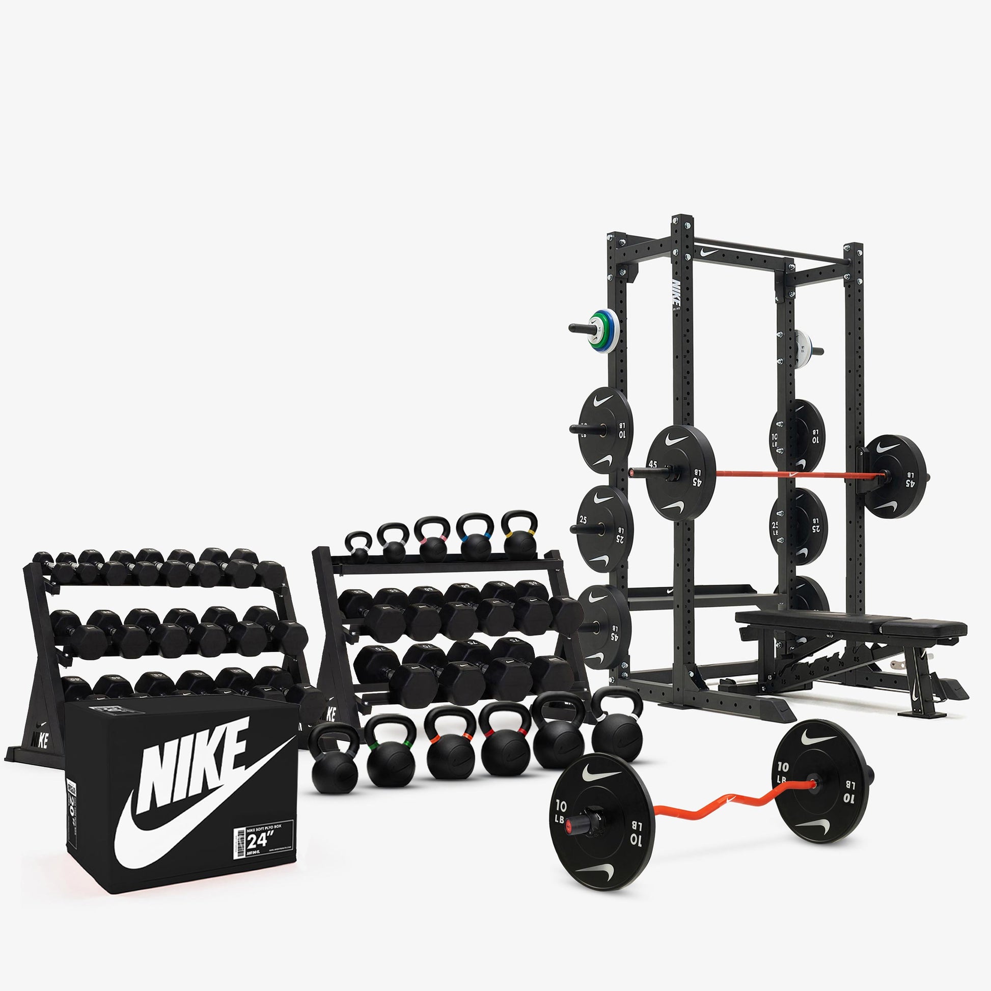 Black/White Dumbbells / Nike Black Bumper Plates / Nike Strength Shield Barbell 15 kg - Orange Swoosh