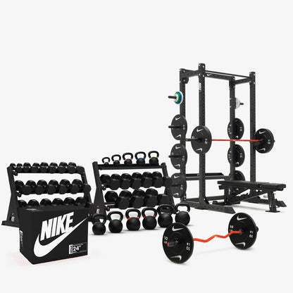 Black/White Dumbbells / Nike Black Bumper Plates / Nike Strength Shield Barbell 15 kg - Orange Swoosh