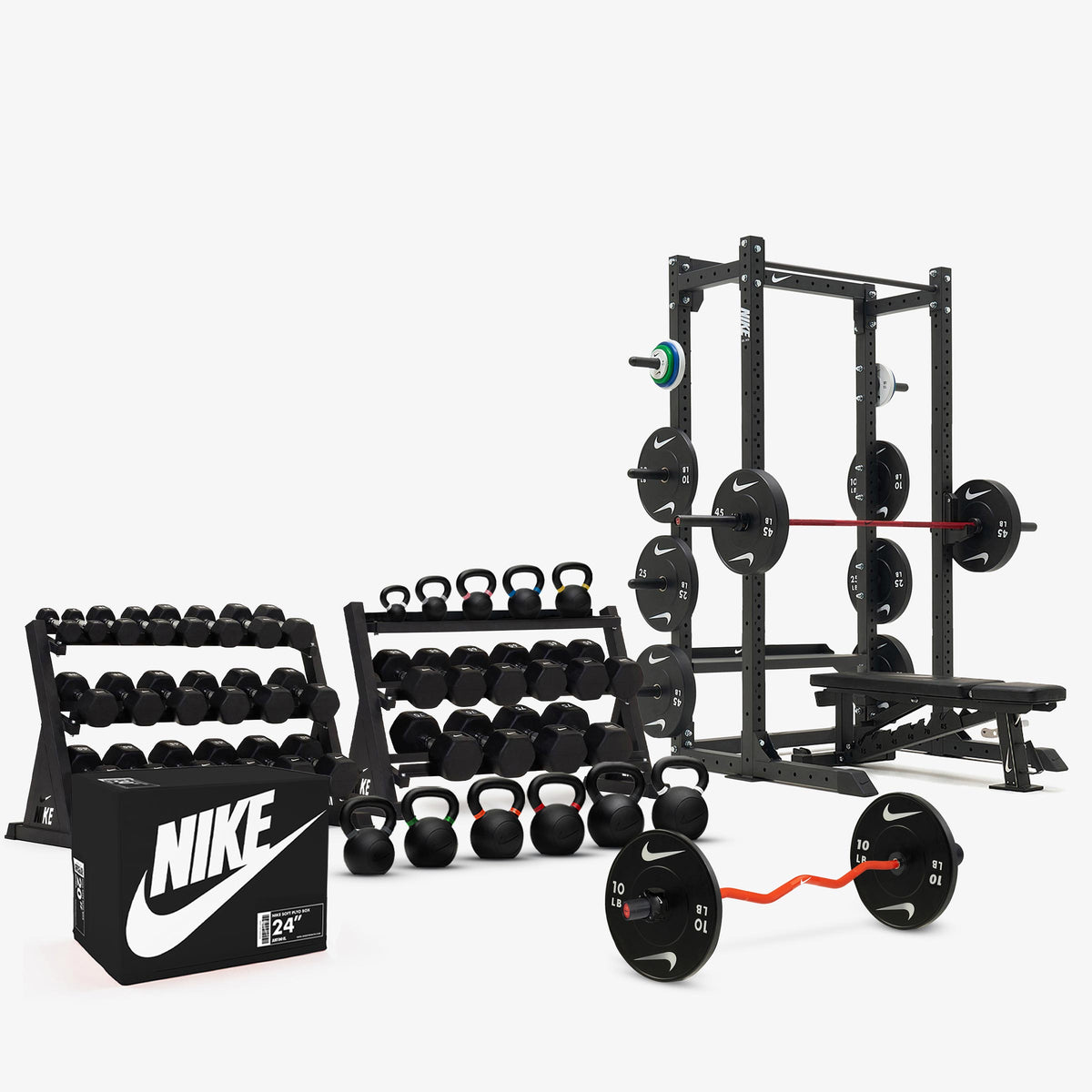 Black/White Dumbbells / Nike Black Bumper Plates / Nike Strength Shield Barbell 20 kg - Red Swoosh
