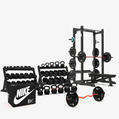 Black/White Dumbbells / Nike Black Bumper Plates / Nike Strength Shield Barbell 20 kg - Red Swoosh