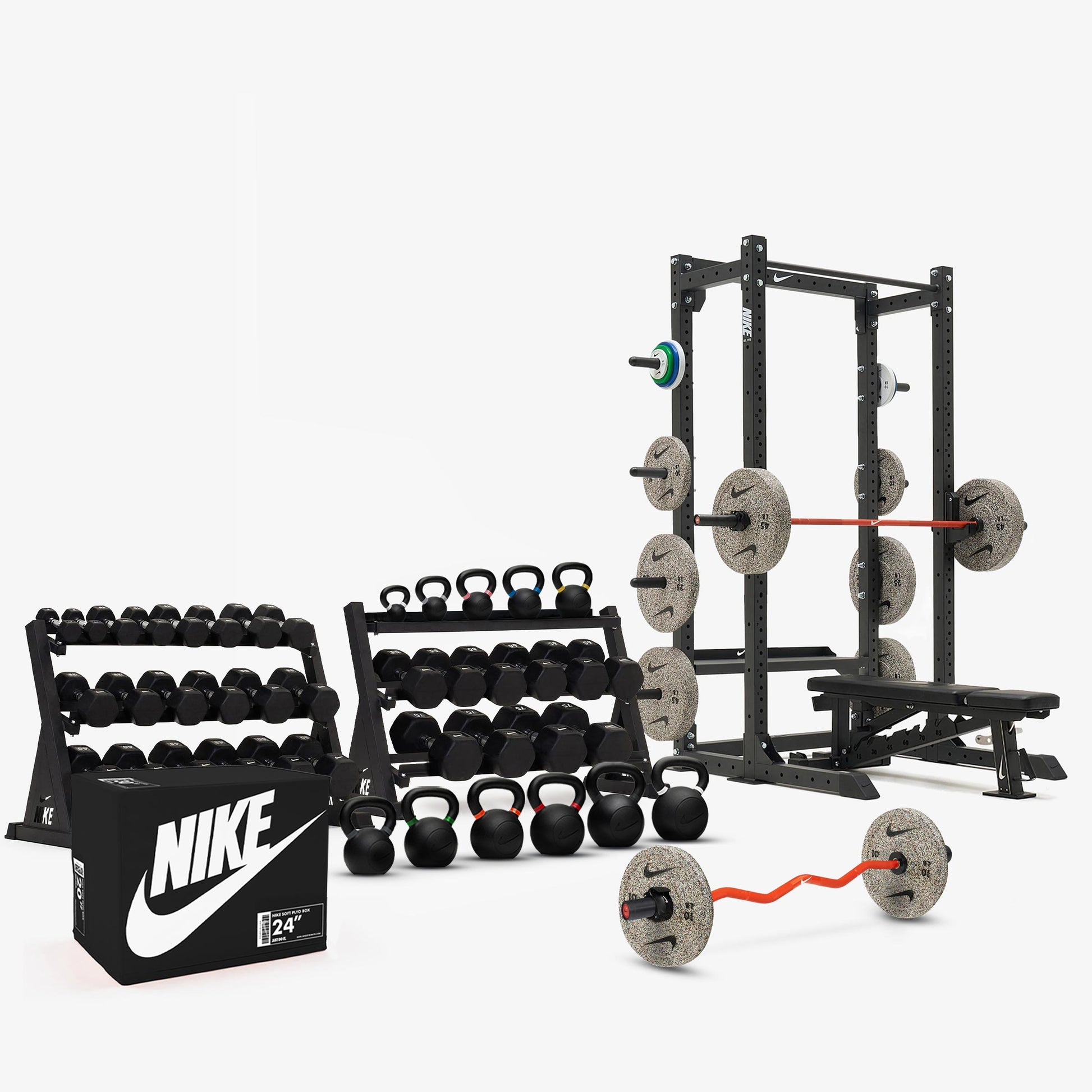 Black/White Dumbbells / Nike Grind Bumper Plates / Nike Strength Shield Barbell 15 kg - Orange Swoosh