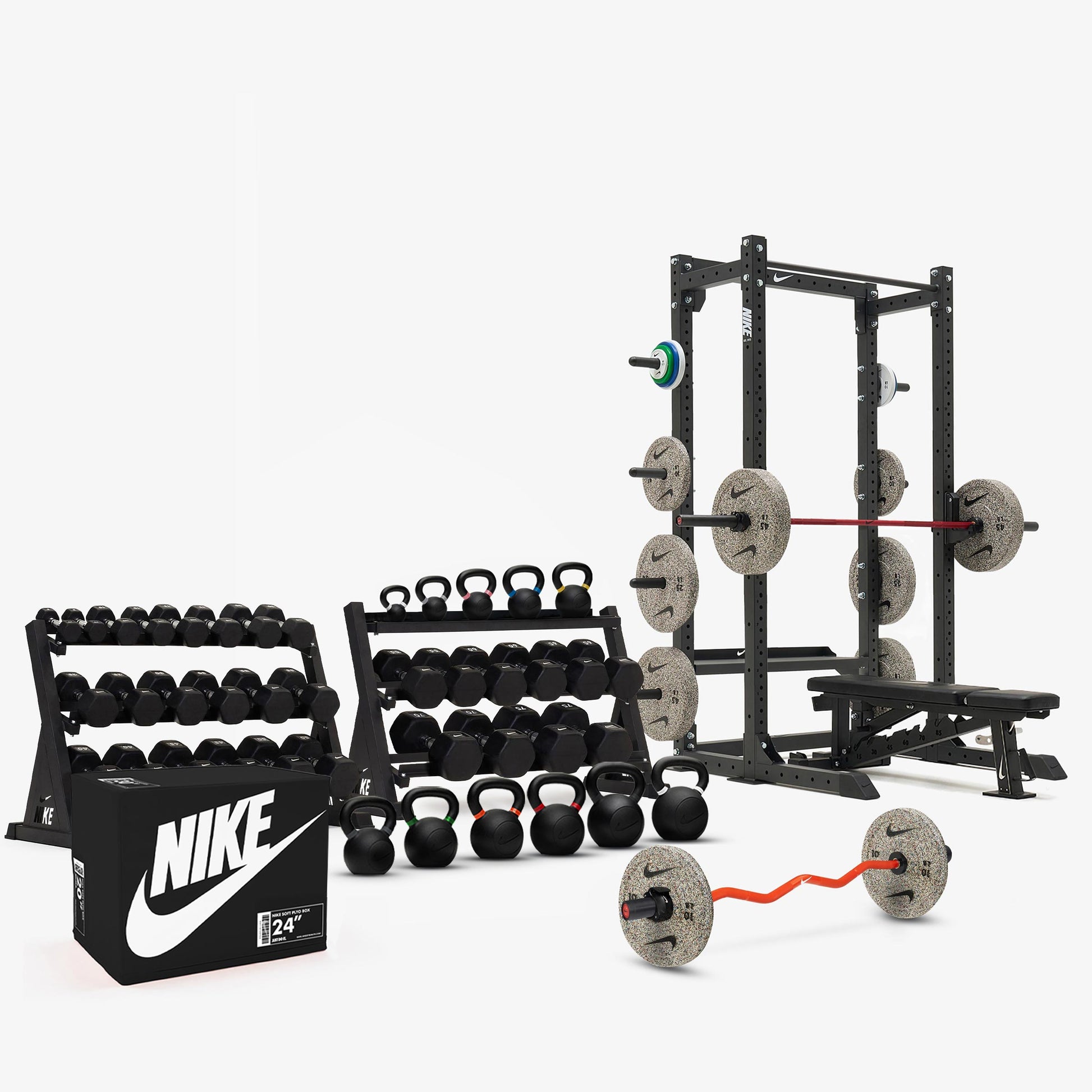 Black/White Dumbbells / Nike Grind Bumper Plates / Nike Strength Shield Barbell 20 kg - Red Swoosh