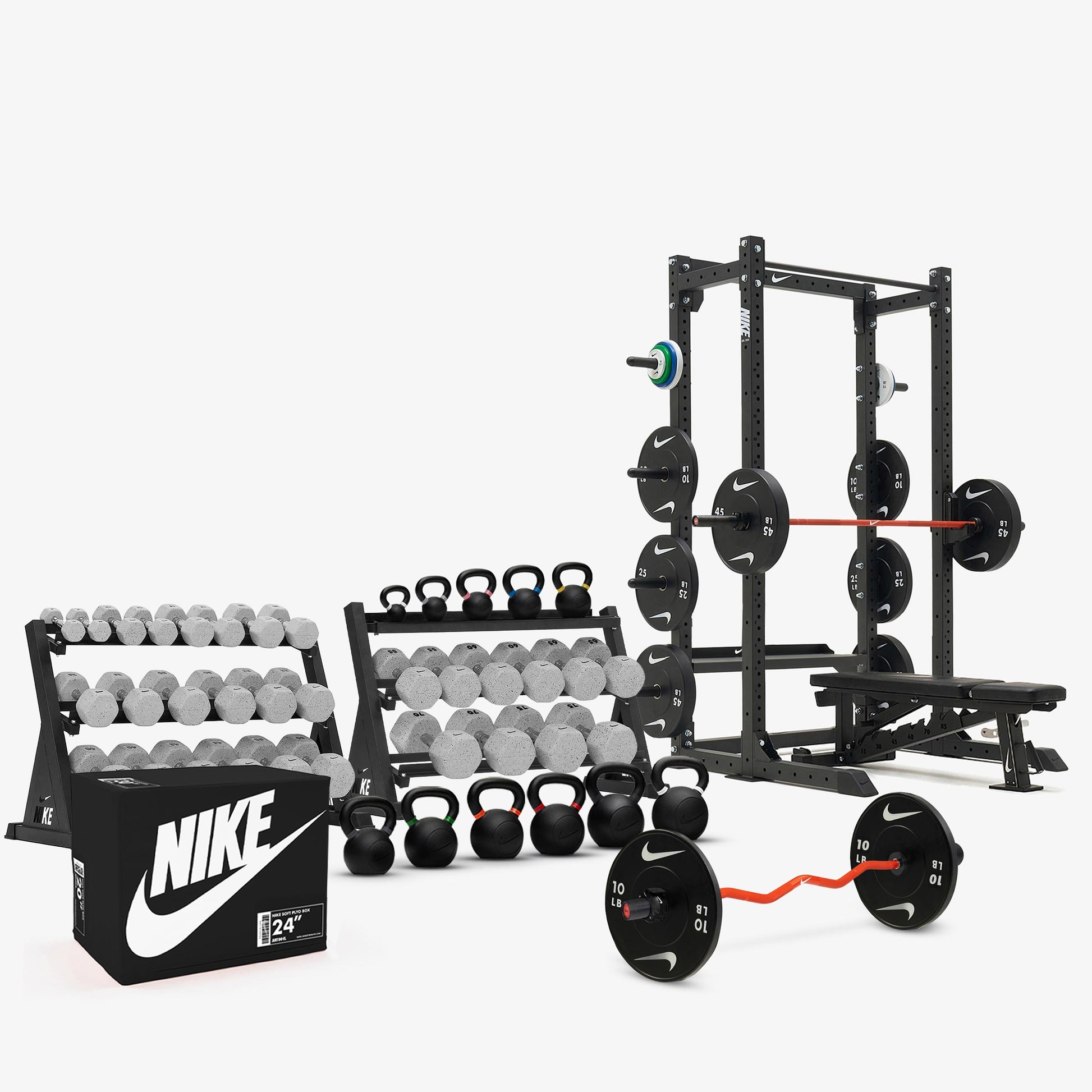 Nike Grind Dumbbells / Nike Black Bumper Plates / Nike Strength Shield Barbell 15 kg - Orange Swoosh