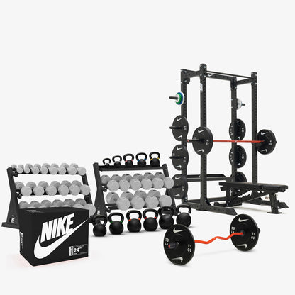 Nike Grind Dumbbells / Nike Black Bumper Plates / Nike Strength Shield Barbell 15 kg - Orange Swoosh