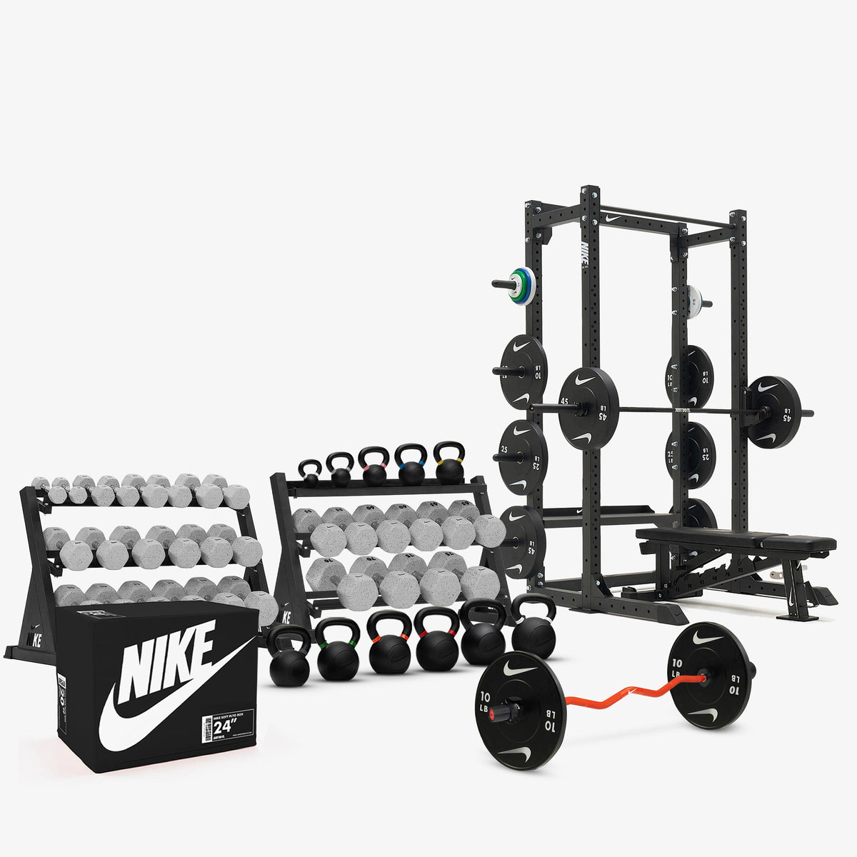 Nike Grind Dumbbells / Nike Black Bumper Plates / Nike Strength Shield Barbell 20 kg - Black ("Just Do It")