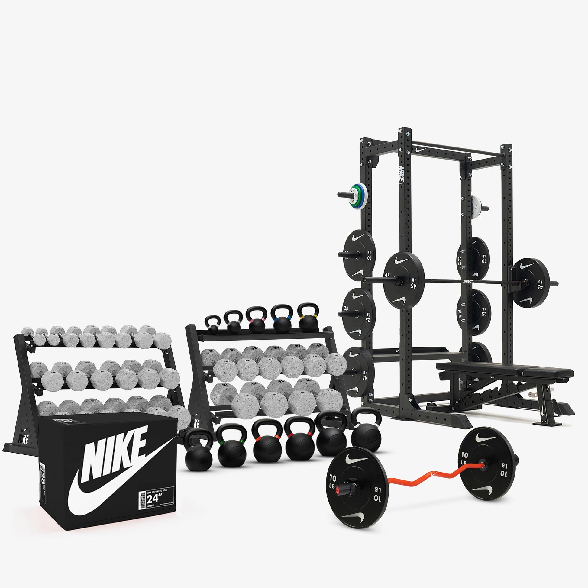 Nike Grind Dumbbells / Nike Black Bumper Plates / Nike Strength Shield Barbell 20 kg - Black ("Just Do It")
