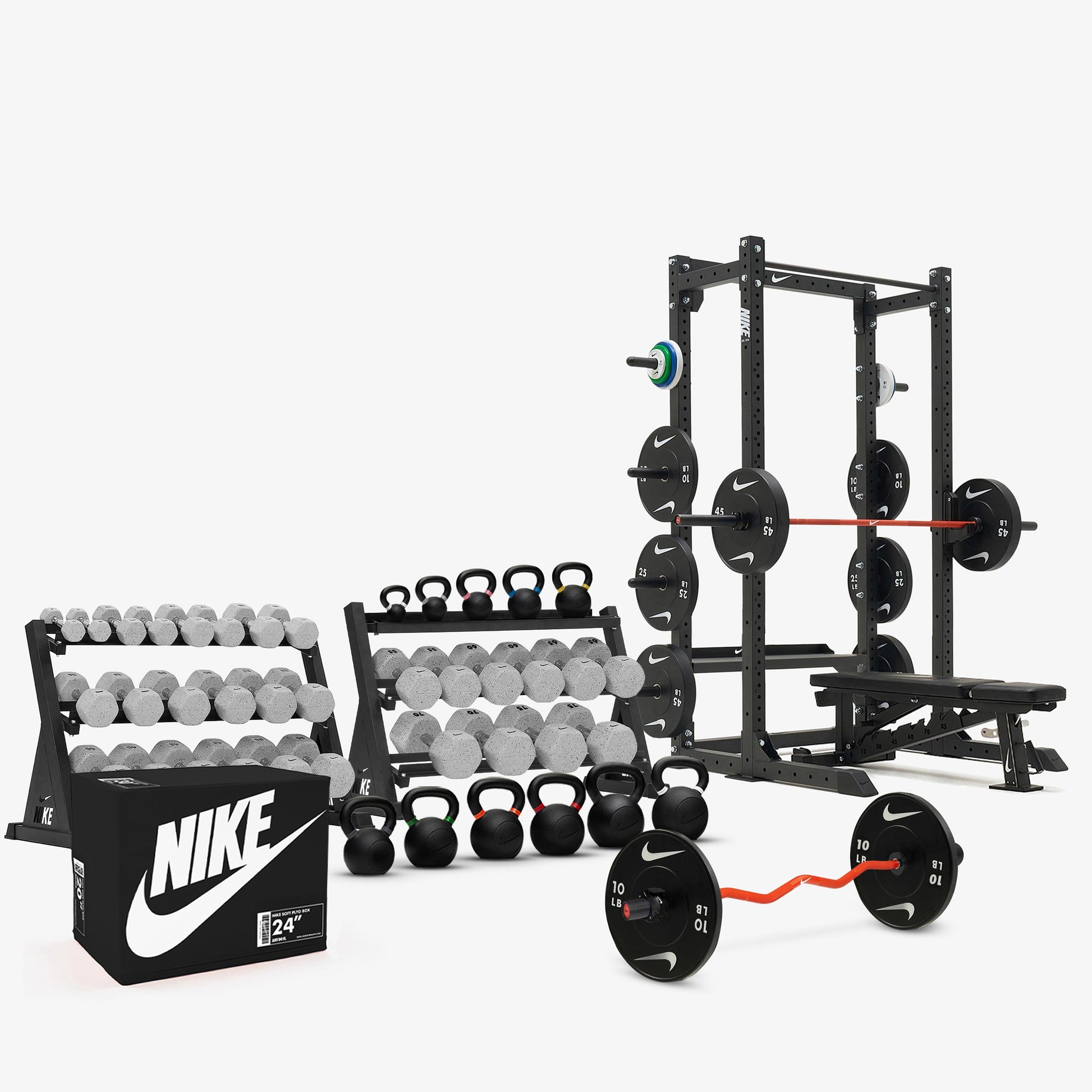 Nike Grind Dumbbells / Nike Black Bumper Plates / Nike Strength Shield Barbell 20 kg - Orange Swoosh