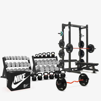 Nike Grind Dumbbells / Nike Black Bumper Plates / Nike Strength Shield Barbell 20 kg - Orange Swoosh