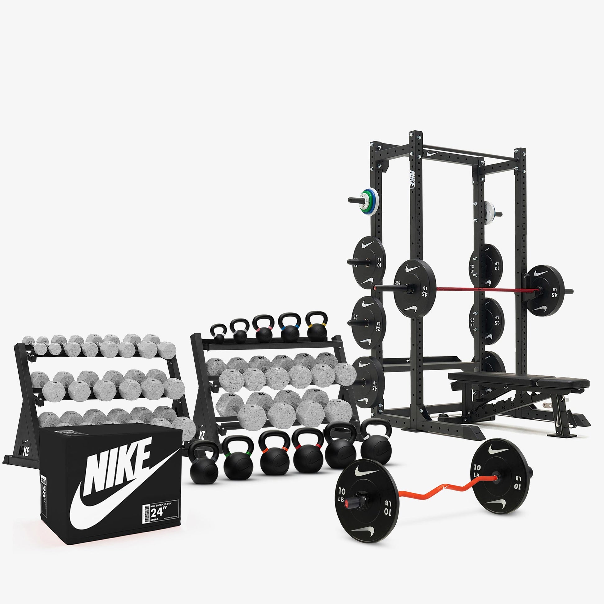 Nike Grind Dumbbells / Nike Black Bumper Plates / Nike Strength Shield Barbell 20 kg - Red Swoosh