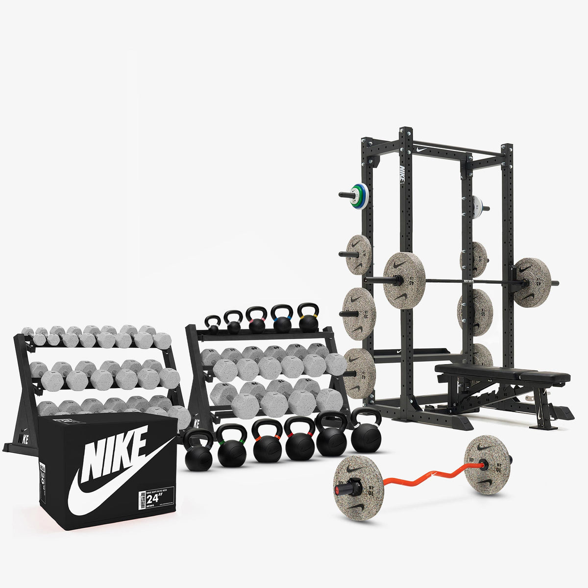 Nike Grind Dumbbells / Nike Grind Bumper Plates / Nike Strength Shield Barbell 20 kg - Black ("Just Do It")