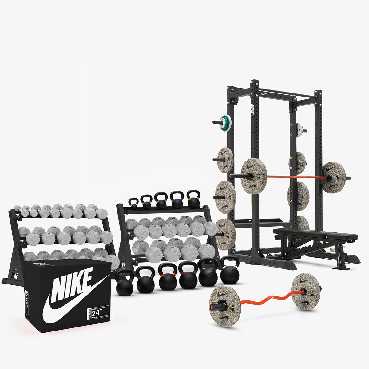 Nike Grind Dumbbells / Nike Grind Bumper Plates / Nike Strength Shield Barbell 20 kg - Orange Swoosh