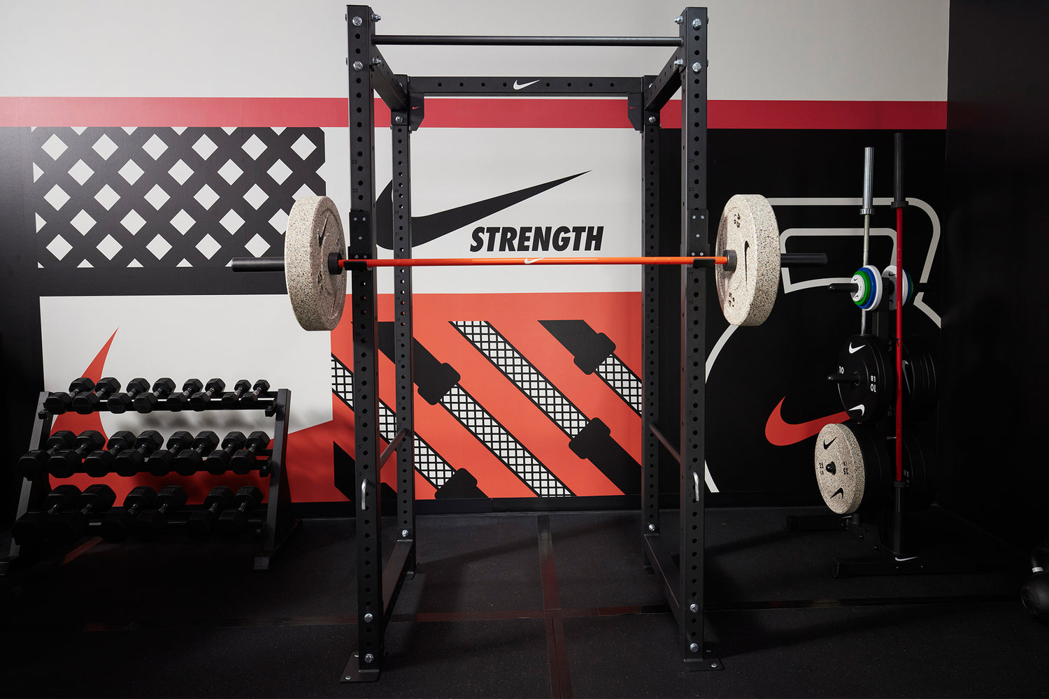 Nike squat cage with Nike coated premium barbell 15kg and 45 LB Nike Rubber Bumper Plate (Grind)