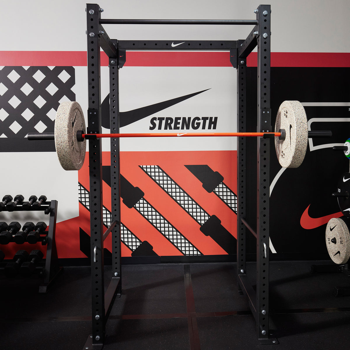 Nike squat cage with Nike coated premium barbell 15kg and 45 LB Nike Rubber Bumper Plate (Grind)