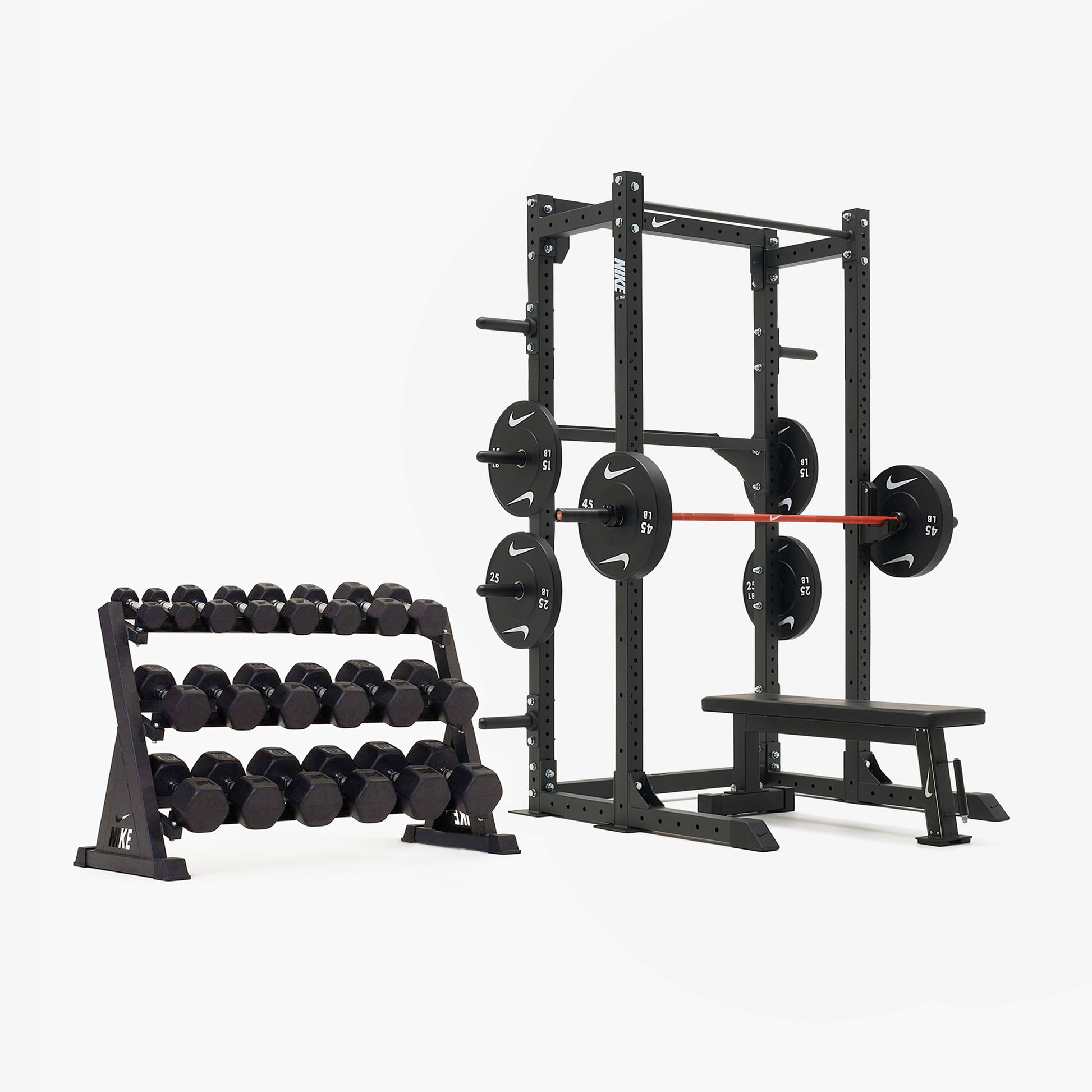 Nike Half Rack / Black/Black Dumbbells + Black/White Plates / 20 kg Orange SWOOSH