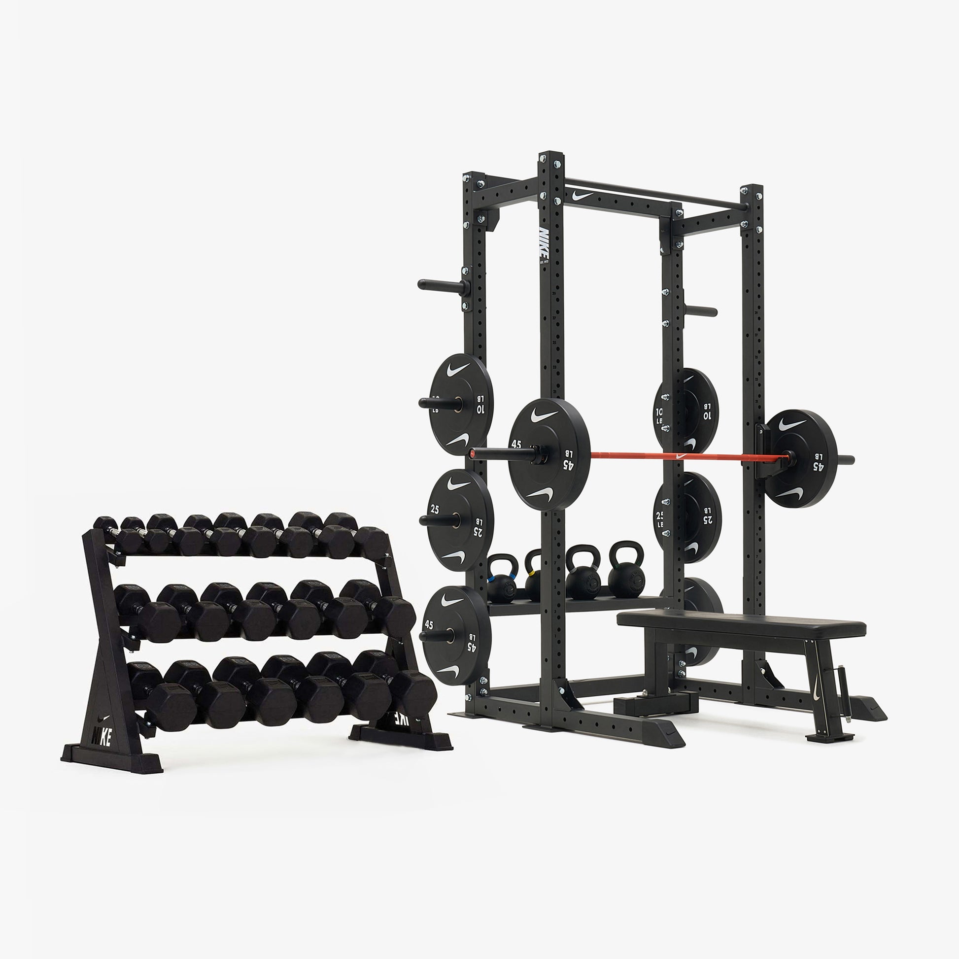 Nike Half Rack / Black/Black Dumbbells + Black/White Plates / 15 kg Orange SWOOSH