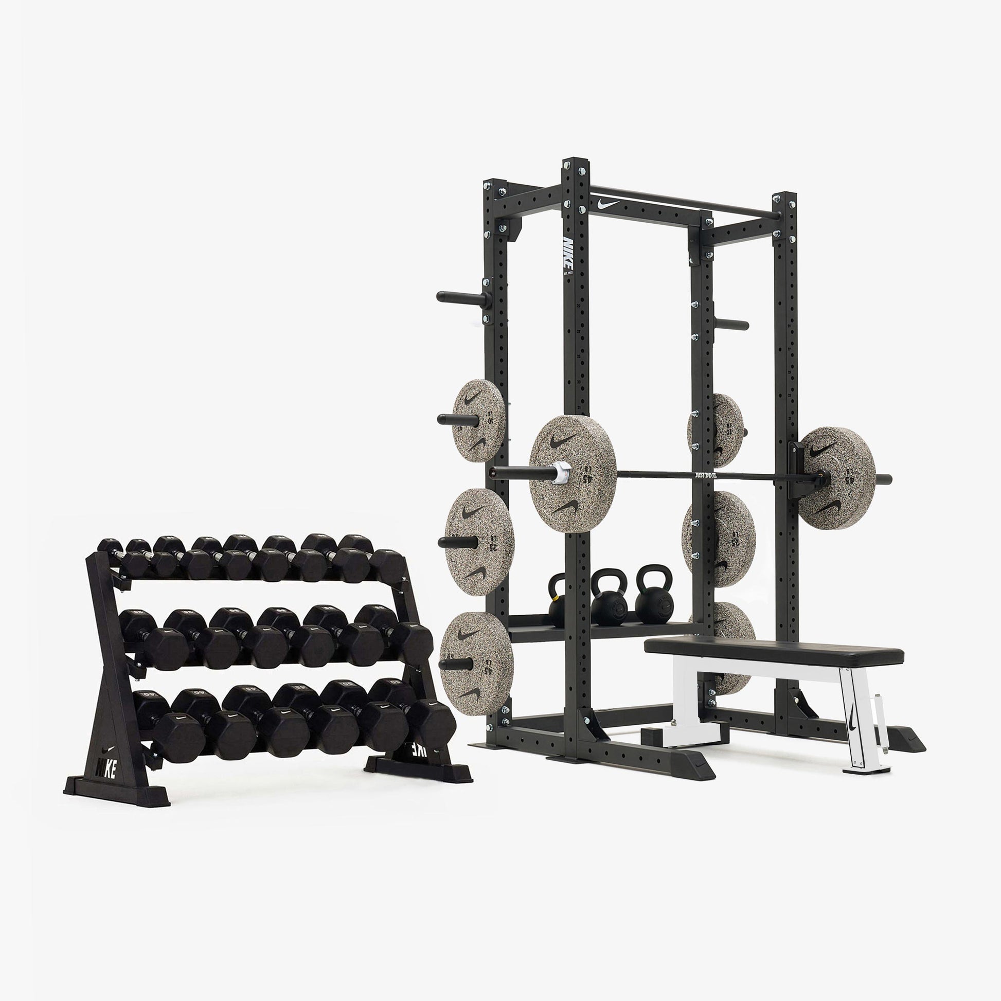 Nike Half Rack / Black/White Dumbbells + Nike Grind Plates / 20 kg Black ("Just Do It")