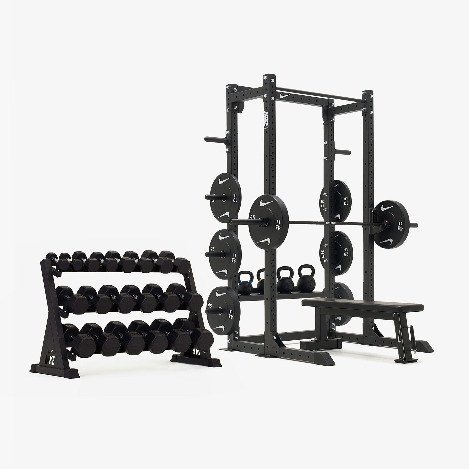 Nike Half Rack / Black/Black Dumbbells + Black/White Plates / 20 kg Black ("Just Do It")