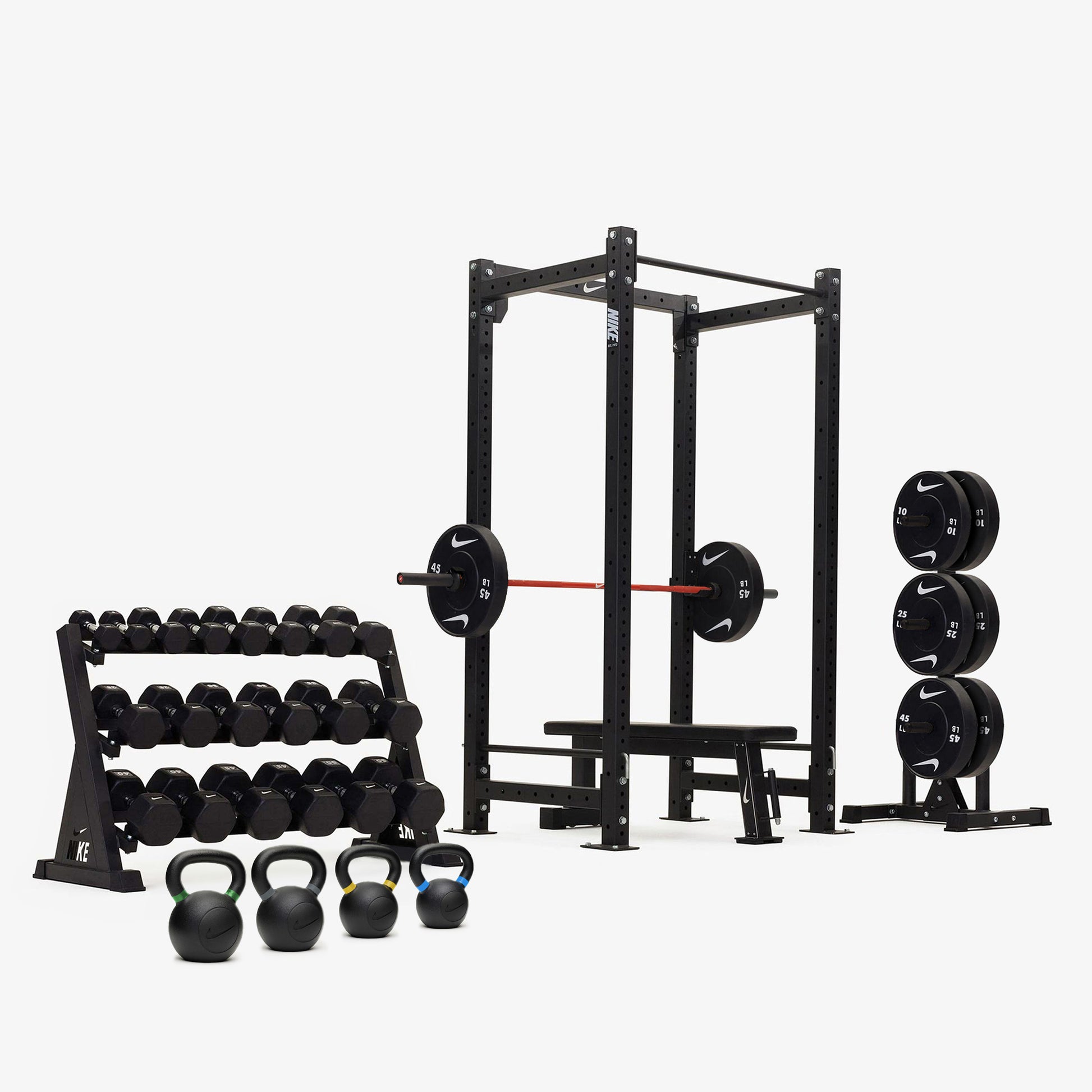 Nike Squat Cage / Black/White Dumbbells + Plates / 15 kg Orange SWOOSH