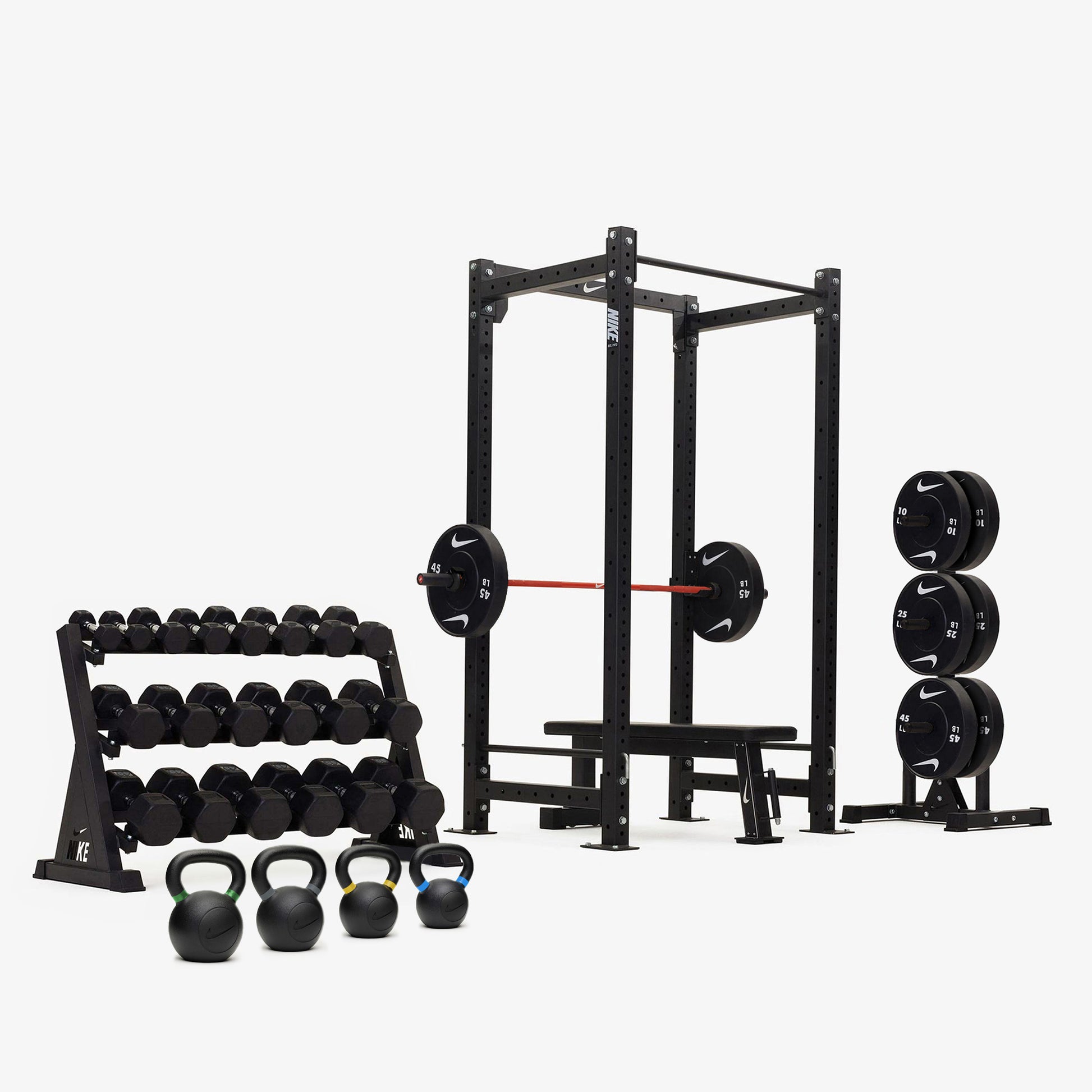 Nike Squat Cage / Black/Black Dumbbells + Black/White Plates / 15 kg Orange SWOOSH