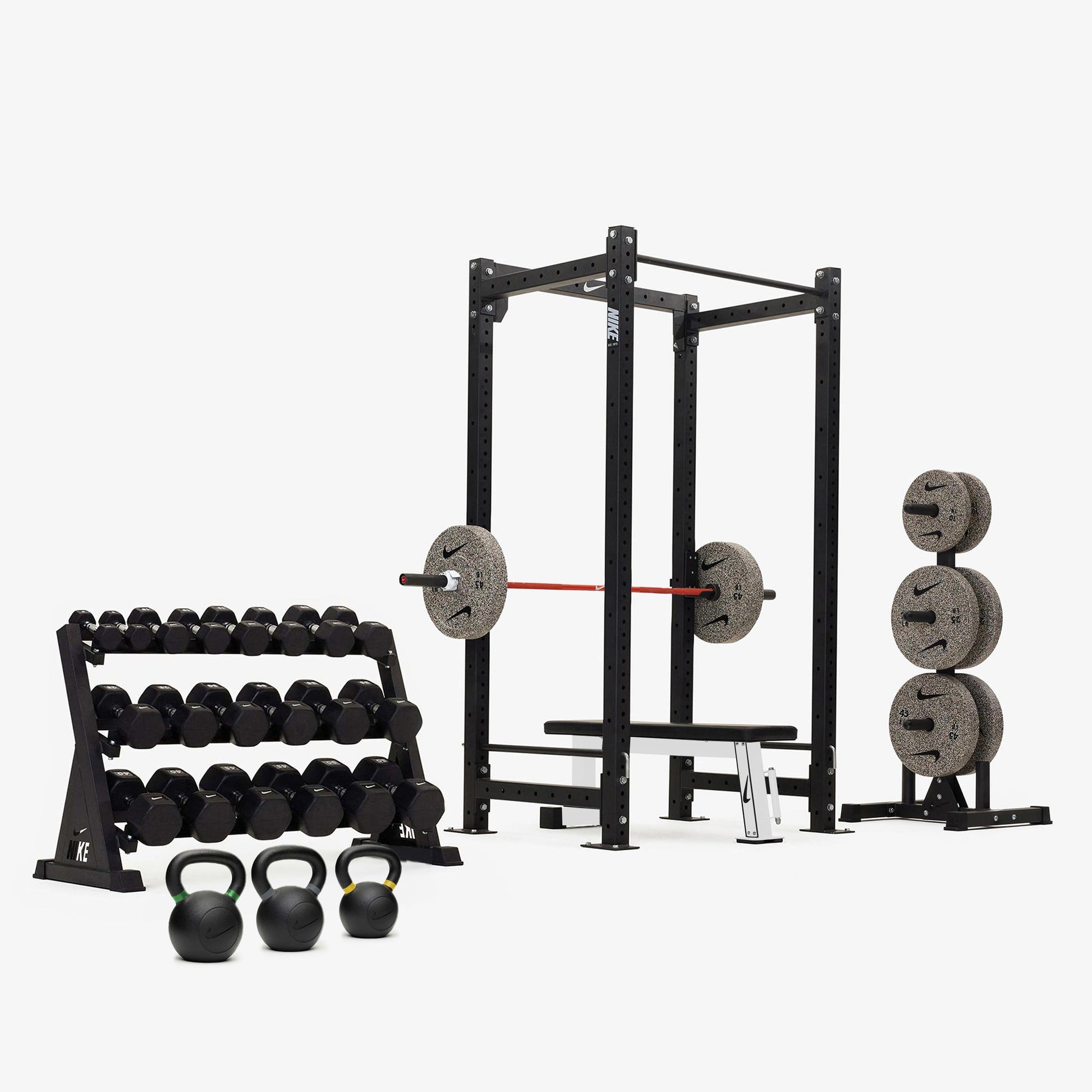 Nike Squat Cage / Black/White Dumbbells + Nike Grind Plates / 20 kg Orange SWOOSH