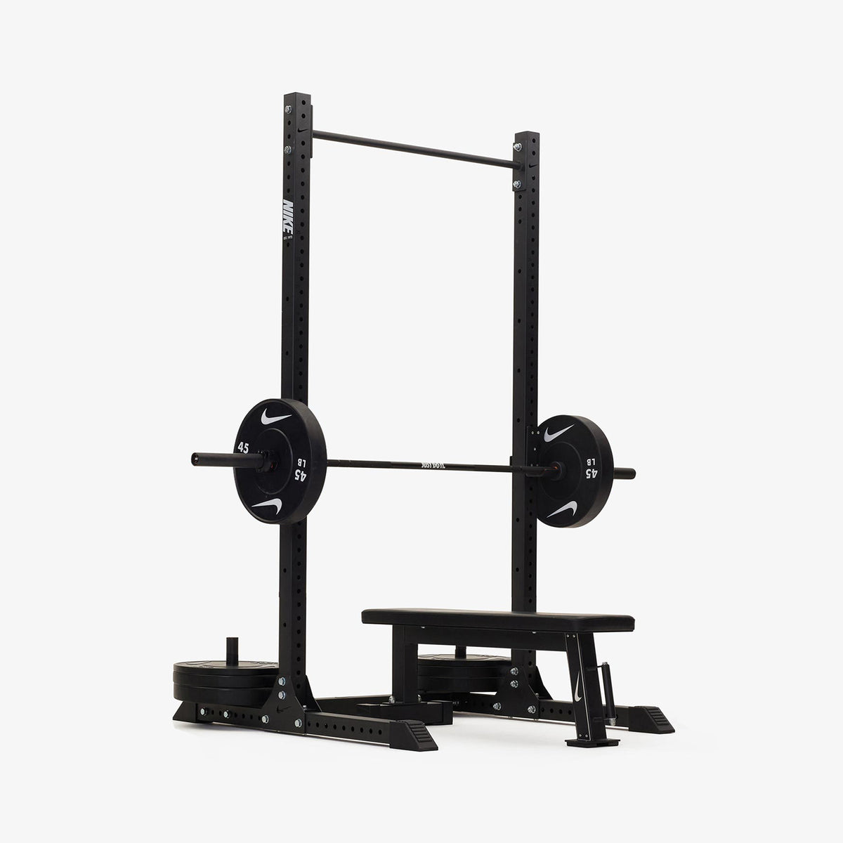 Nike Squat Rack / Black Bumper Plates / 20 kg Nike Strength Shield - Black ("Just Do It")