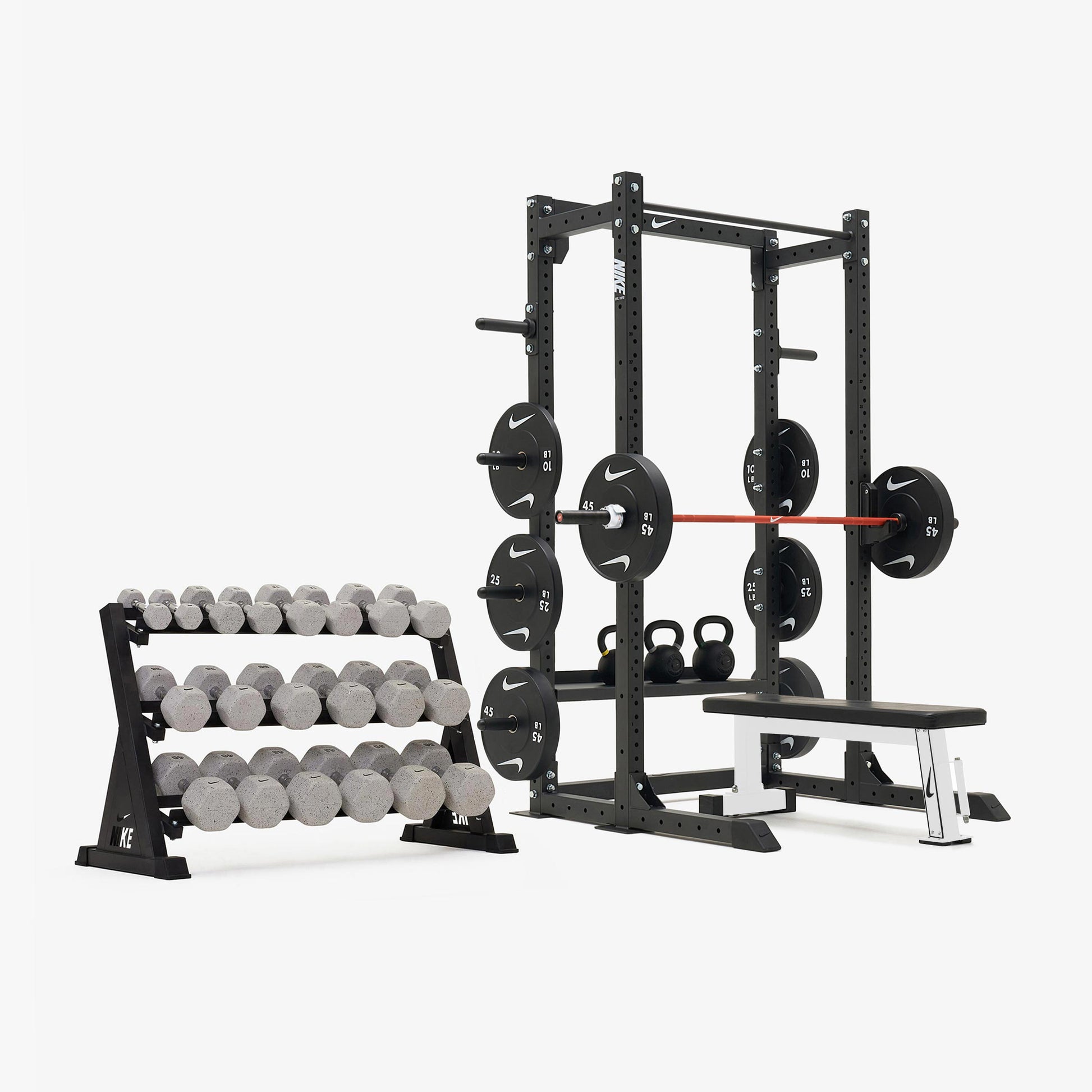 Nike Half Rack / Nike Grind Dumbbells + Black/White Plates / 20 kg Orange SWOOSH