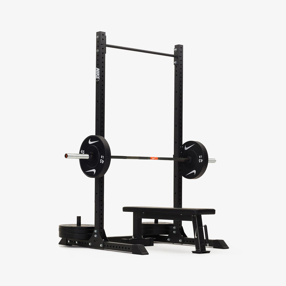 Nike Squat Rack / Black Bumper Plates / 20 kg Nike 1972 Power Bar
