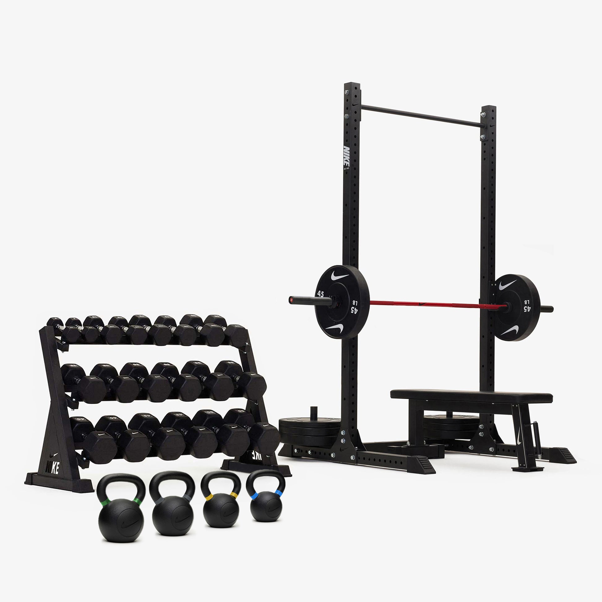 Nike Squat Rack / Black/White Dumbbells + Plates / 20 kg Red SWOOSH