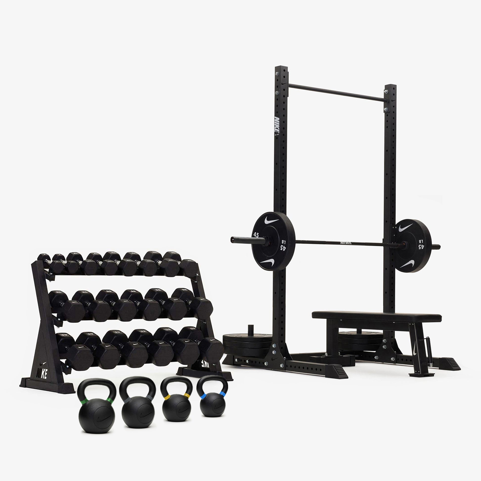 Nike Squat Rack / Black/White Dumbbells + Plates / 20 kg Black ("Just Do It")