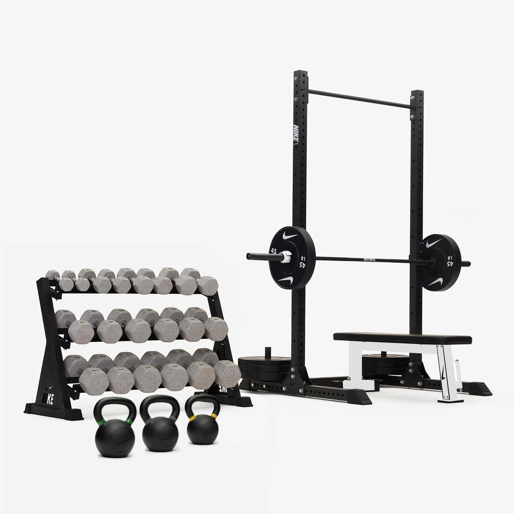 Nike Squat Rack / Nike Grind Dumbbells + Black/White Plates / 20 kg Black ("Just Do It")