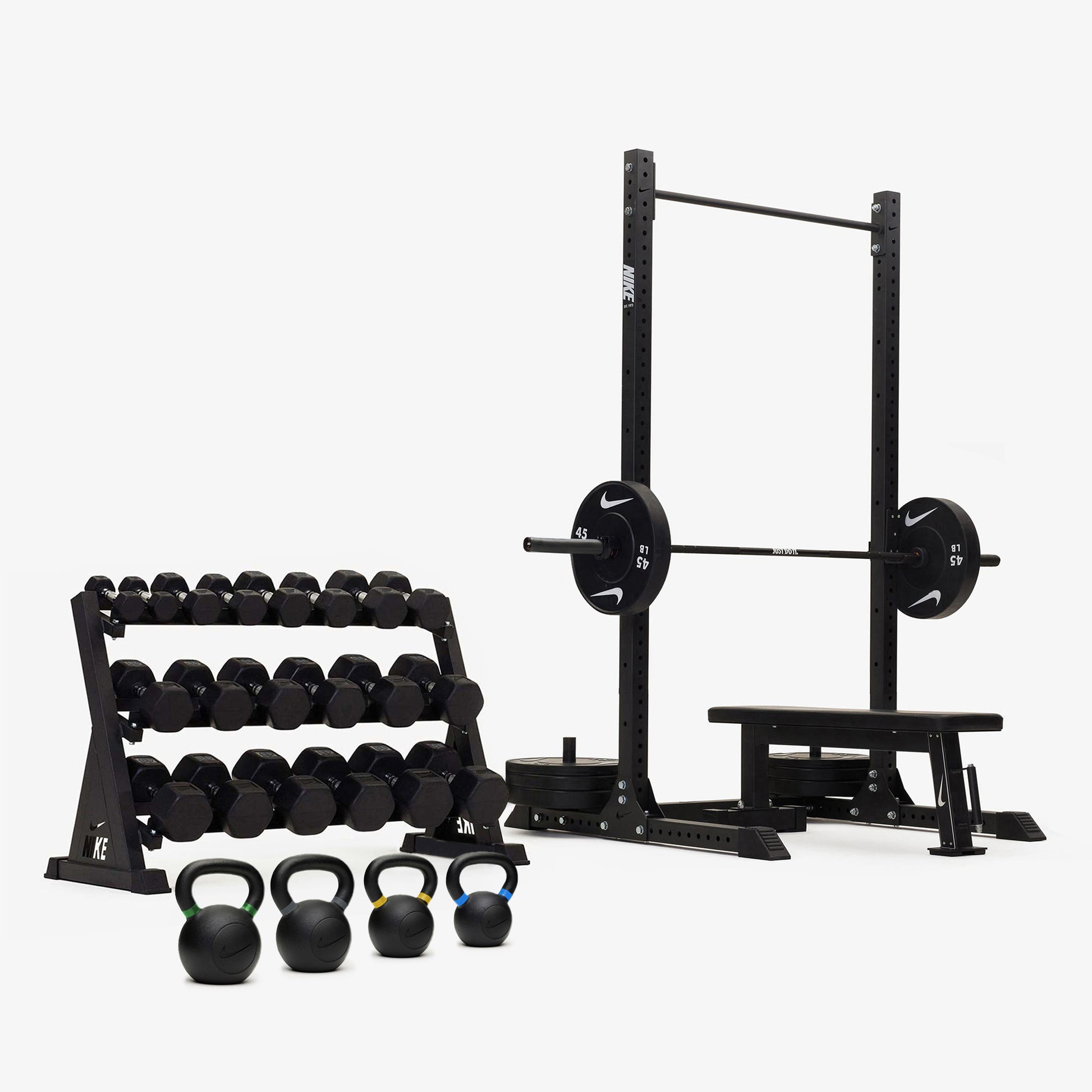 Nike Squat Rack / Black/Black Dumbbells + Black/White Plates / 20 kg Black ("Just Do It")