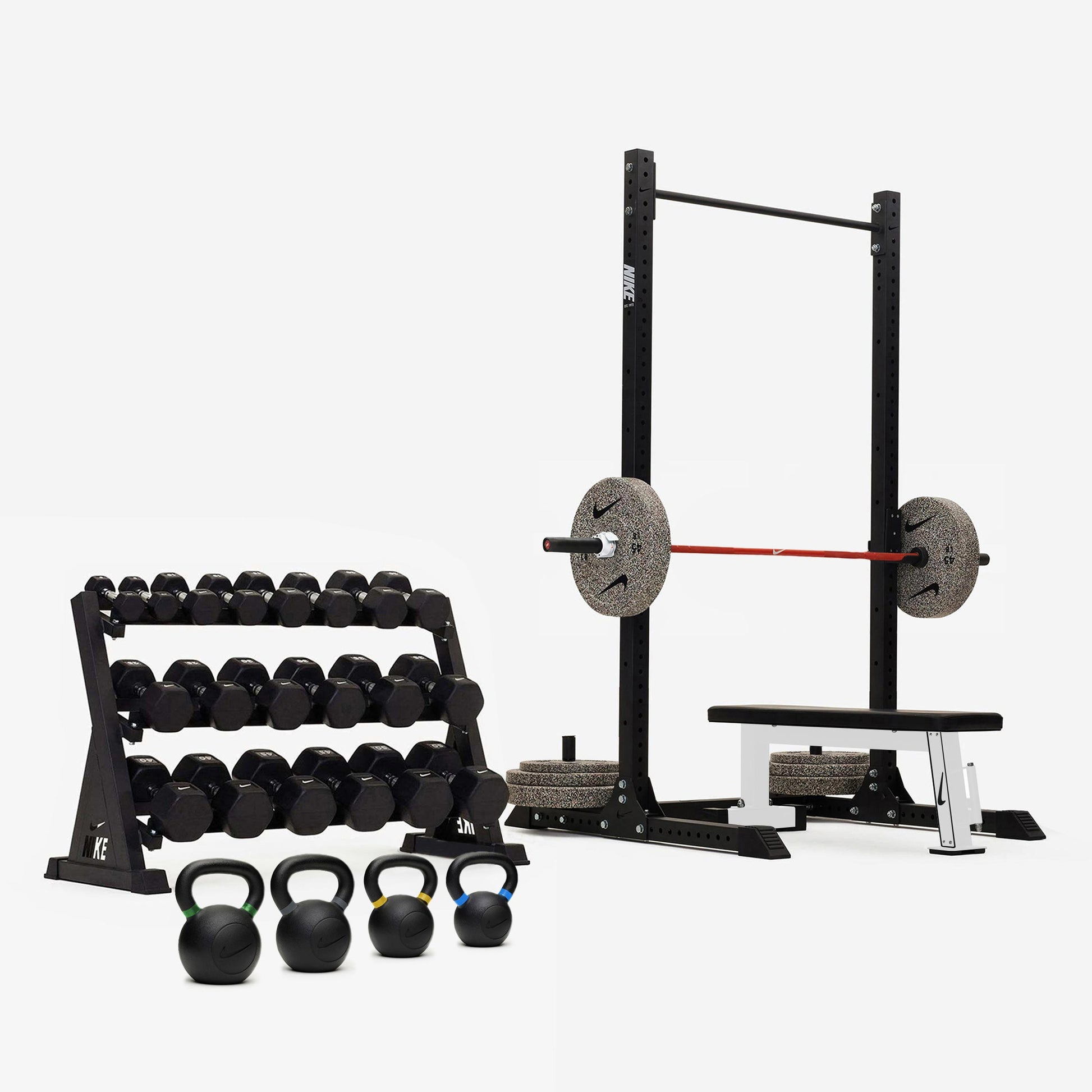 Nike Squat Rack / Black/White Dumbbells + Nike Grind Plates / 15 kg Orange SWOOSH