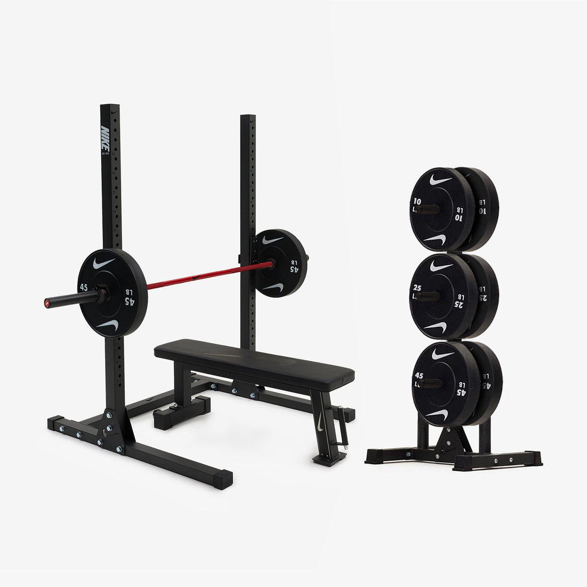 Nike Squat Stand / Black Bumper Plates / 20 kg Nike Strength Shield - Red SWOOSH