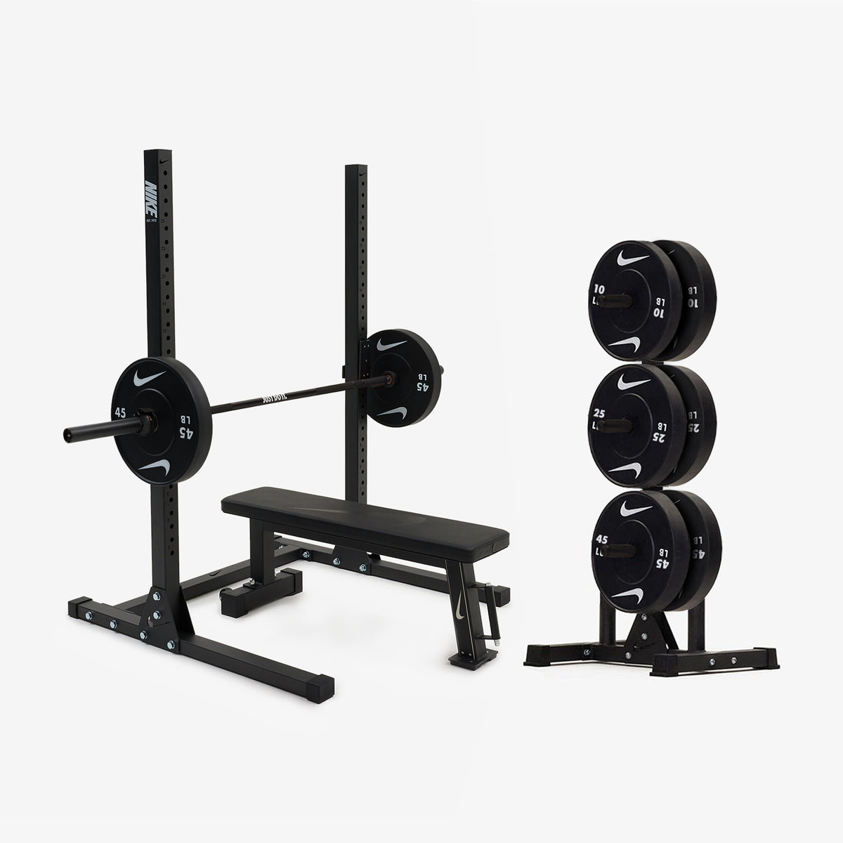 Nike Squat Stand / Black Bumper Plates / 20 kg Nike Strength Shield - Black ("Just Do It")