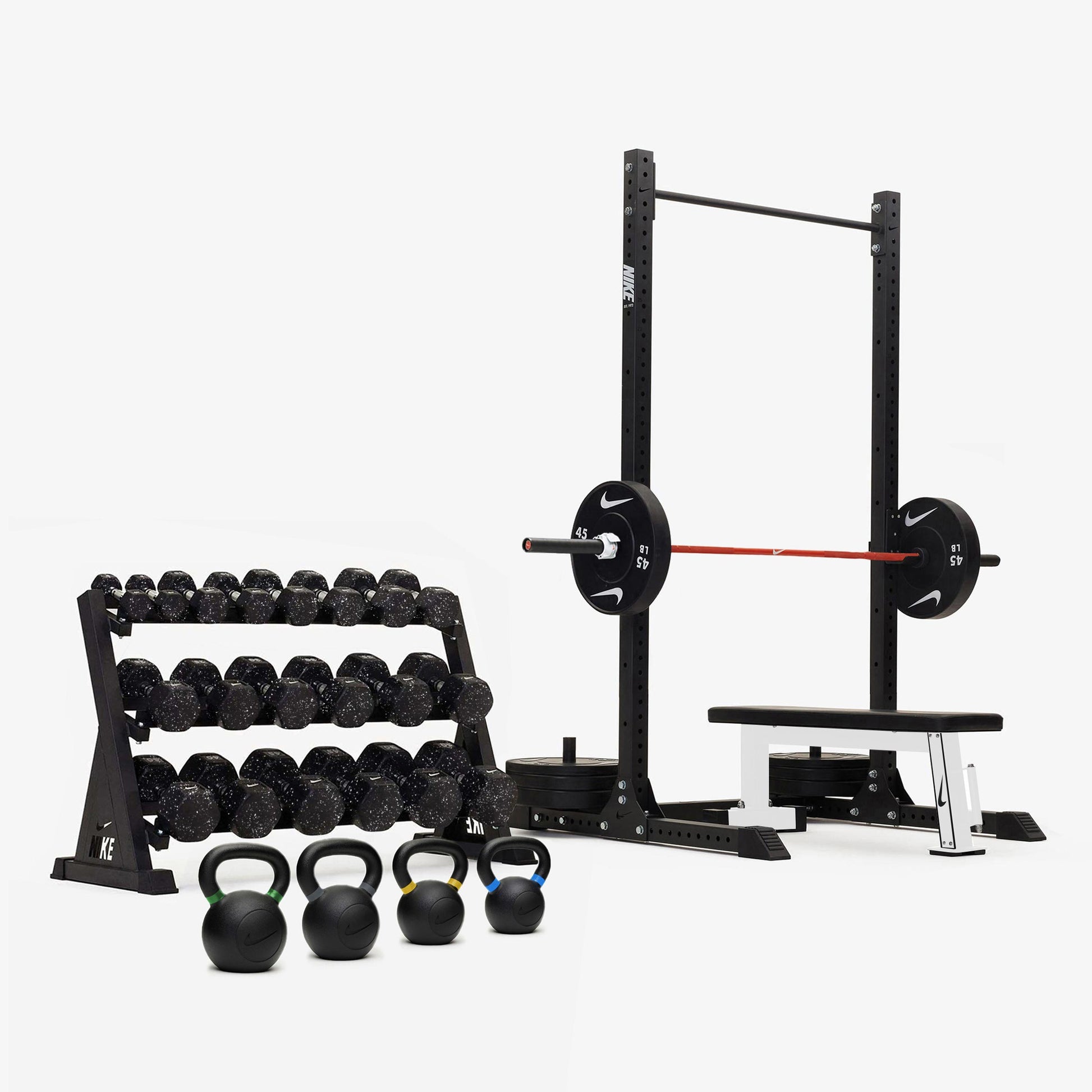 Nike Squat Rack / Nike Black Bumper Plates / 20 kg Orange SWOOSH