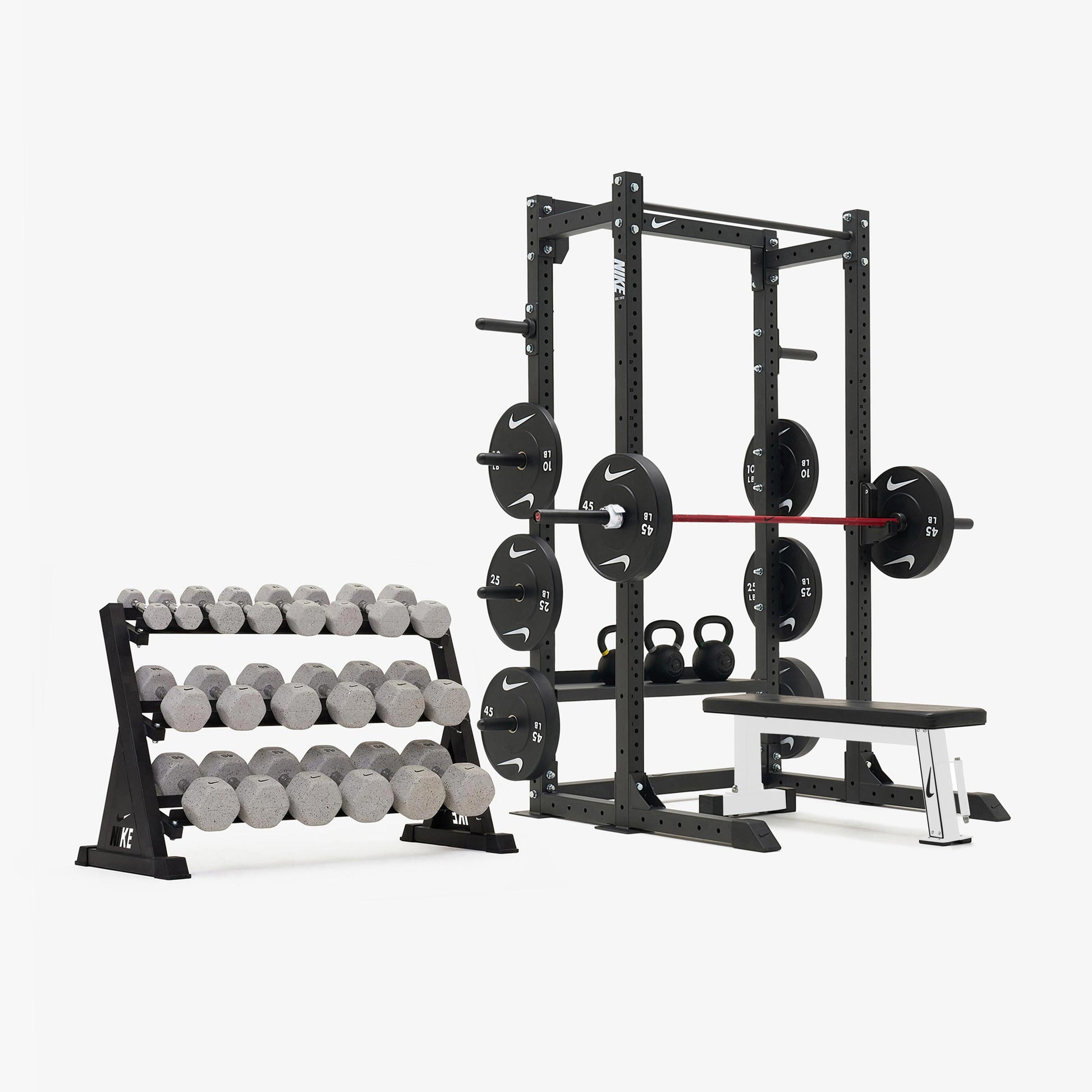 Nike Half Rack / Nike Grind Dumbbells + Black/White Plates / 20 kg Red SWOOSH
