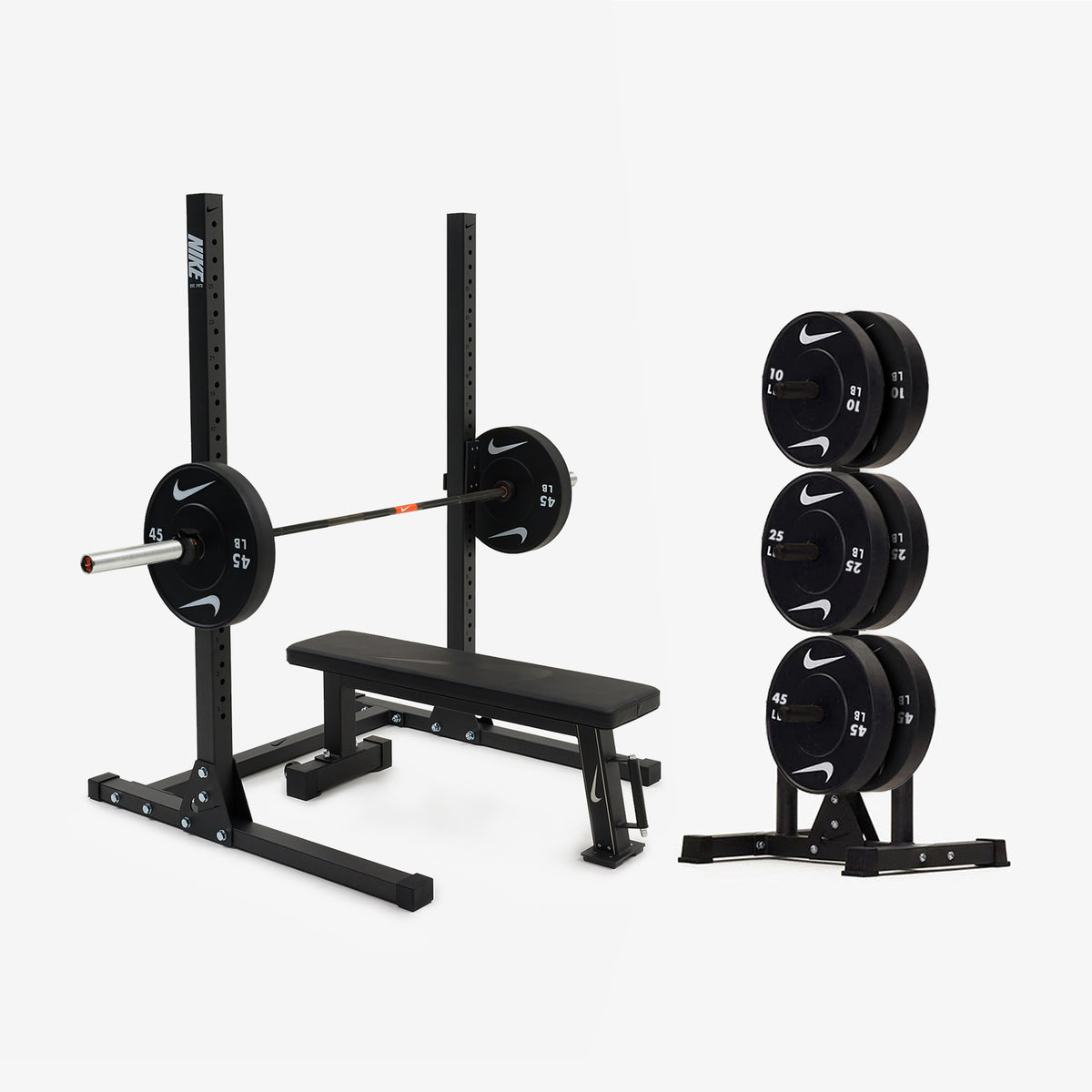 Nike Squat Stand / Black Bumper Plates / 20 kg Nike 1972 Power Bar