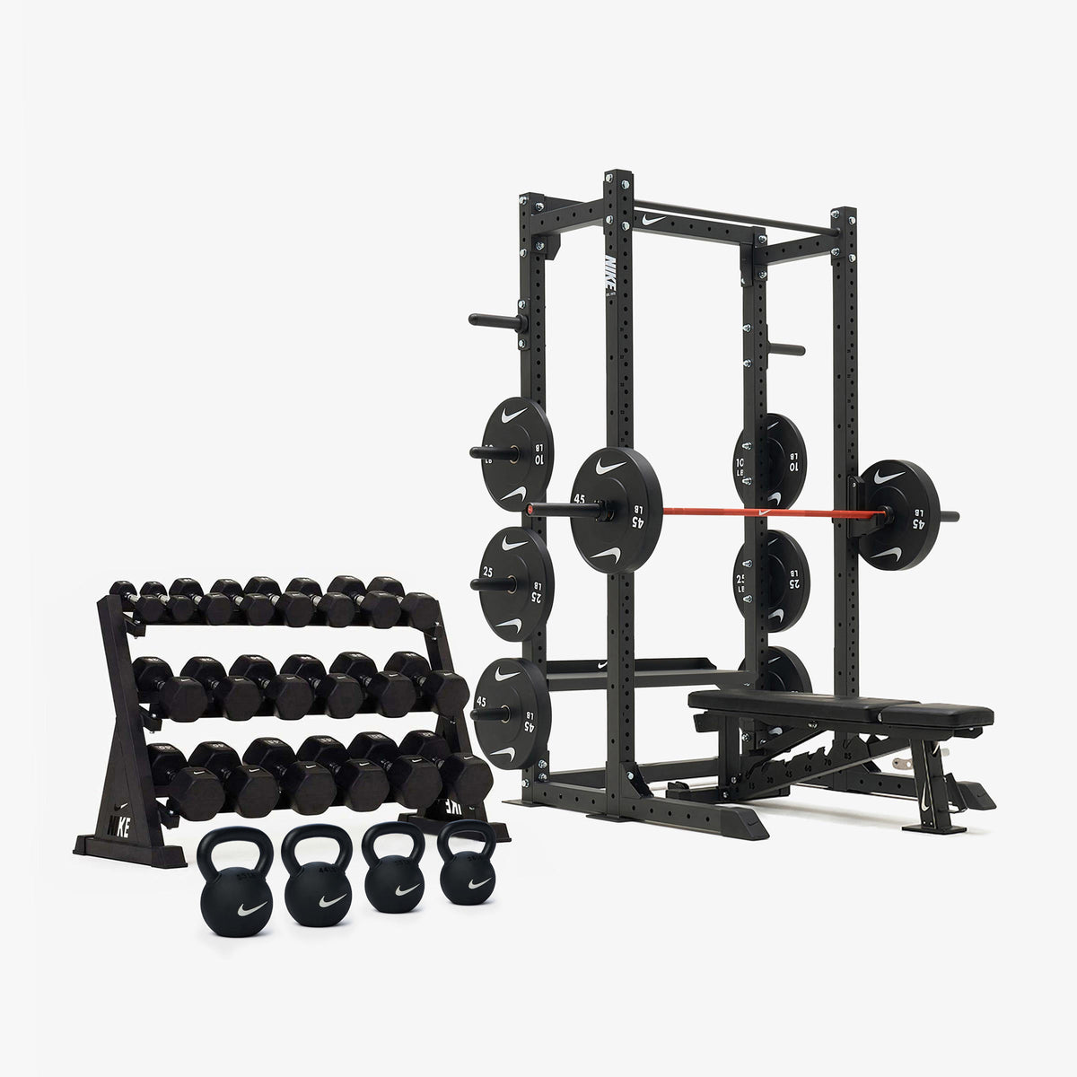 Nike Half Rack / Black/White Dumbbells + Plates / 15 kg Orange SWOOSH