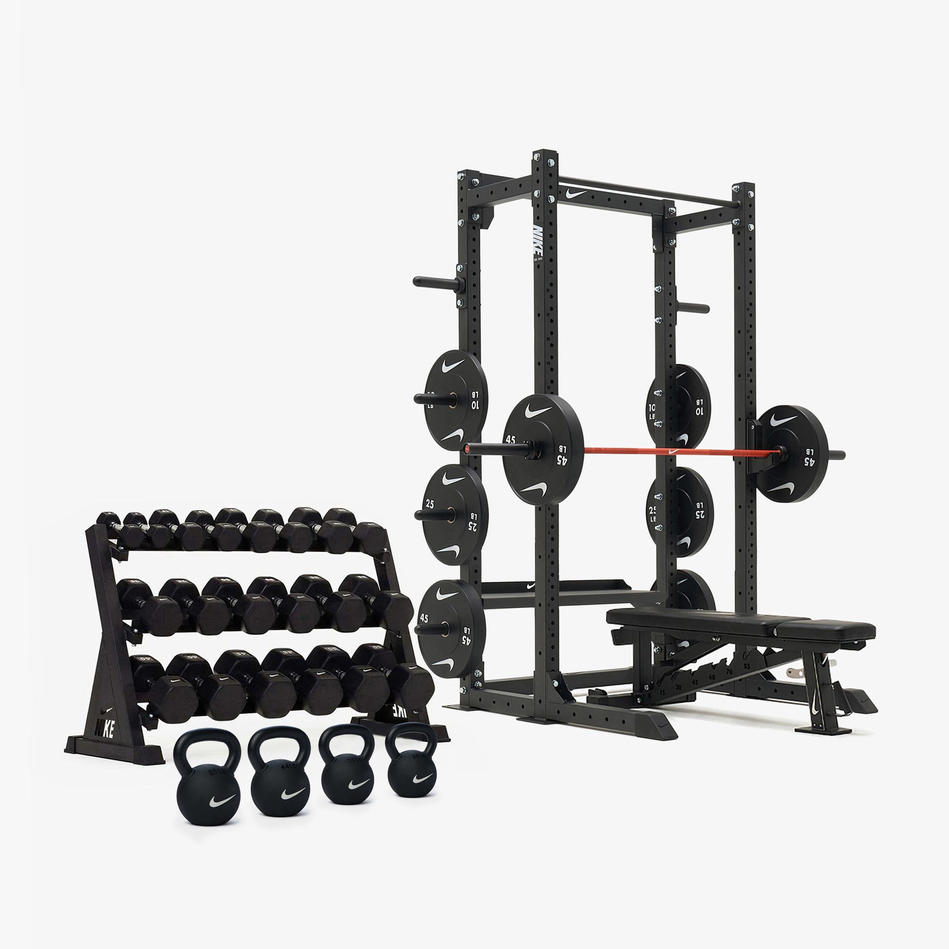Nike Half Rack / Black/White Dumbbells + Plates / 15 kg Orange SWOOSH