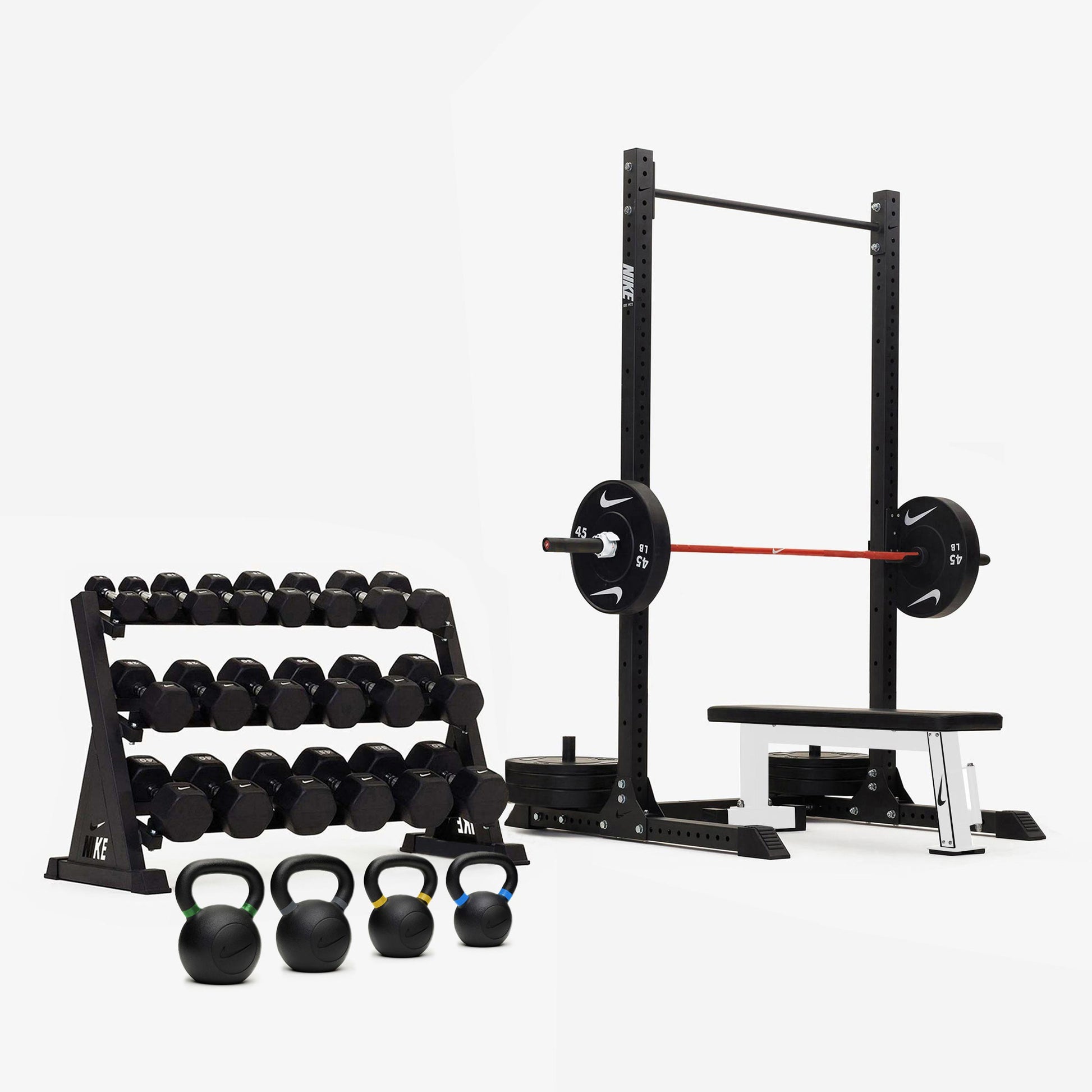 Nike Squat Rack / Black/White Dumbbells + Plates / 15 kg Orange SWOOSH