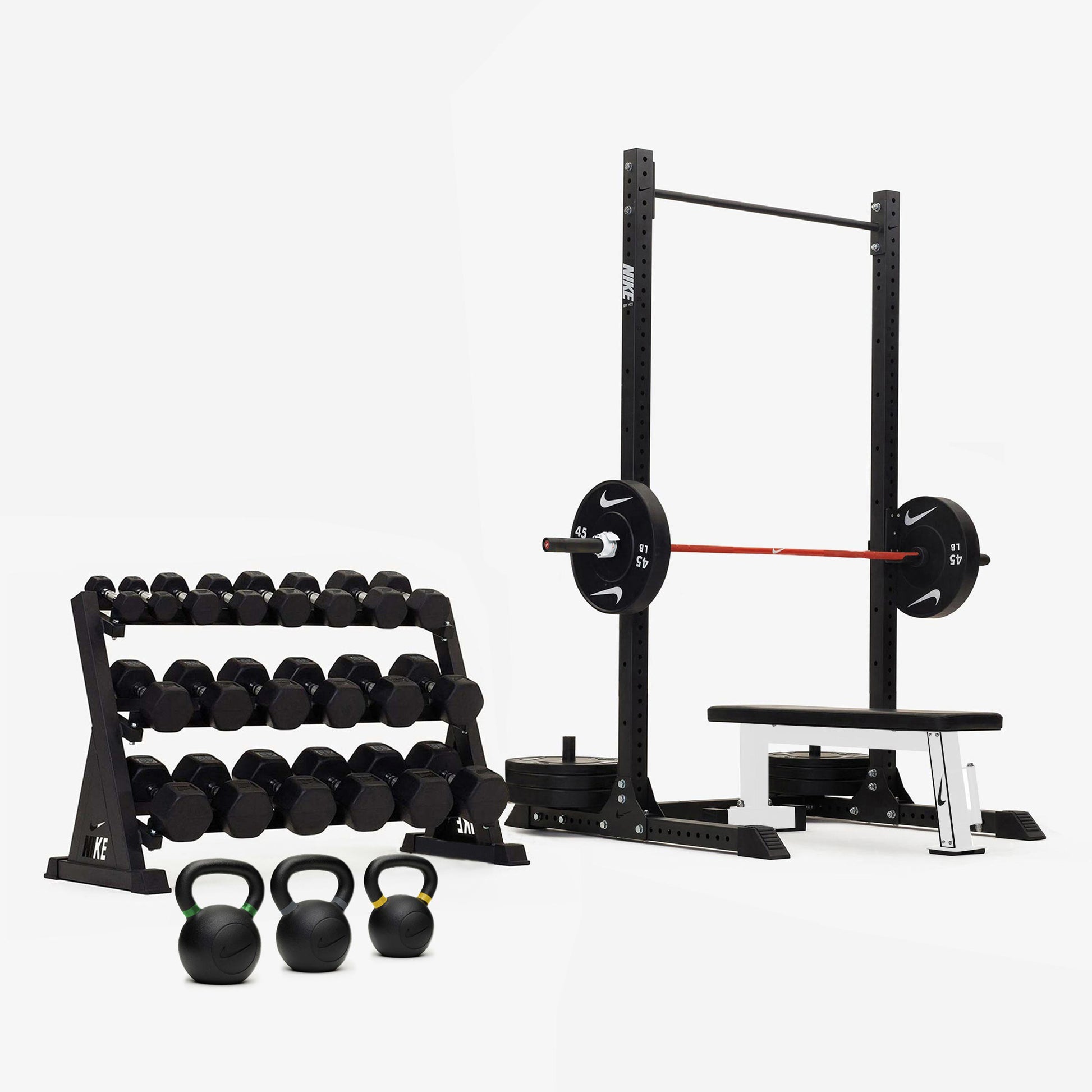 Nike Squat Rack / Black/Black Dumbbells + Black/White Plates / 15 kg Orange SWOOSH