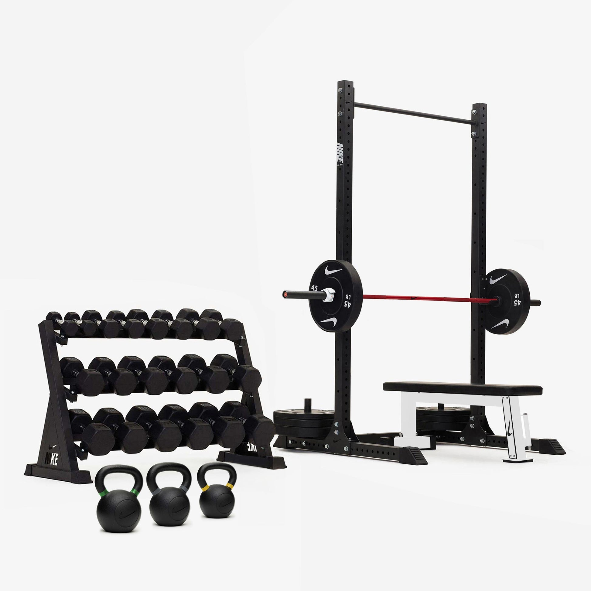 Nike Squat Rack / Black/Black Dumbbells + Black/White Plates / 20 kg Red SWOOSH